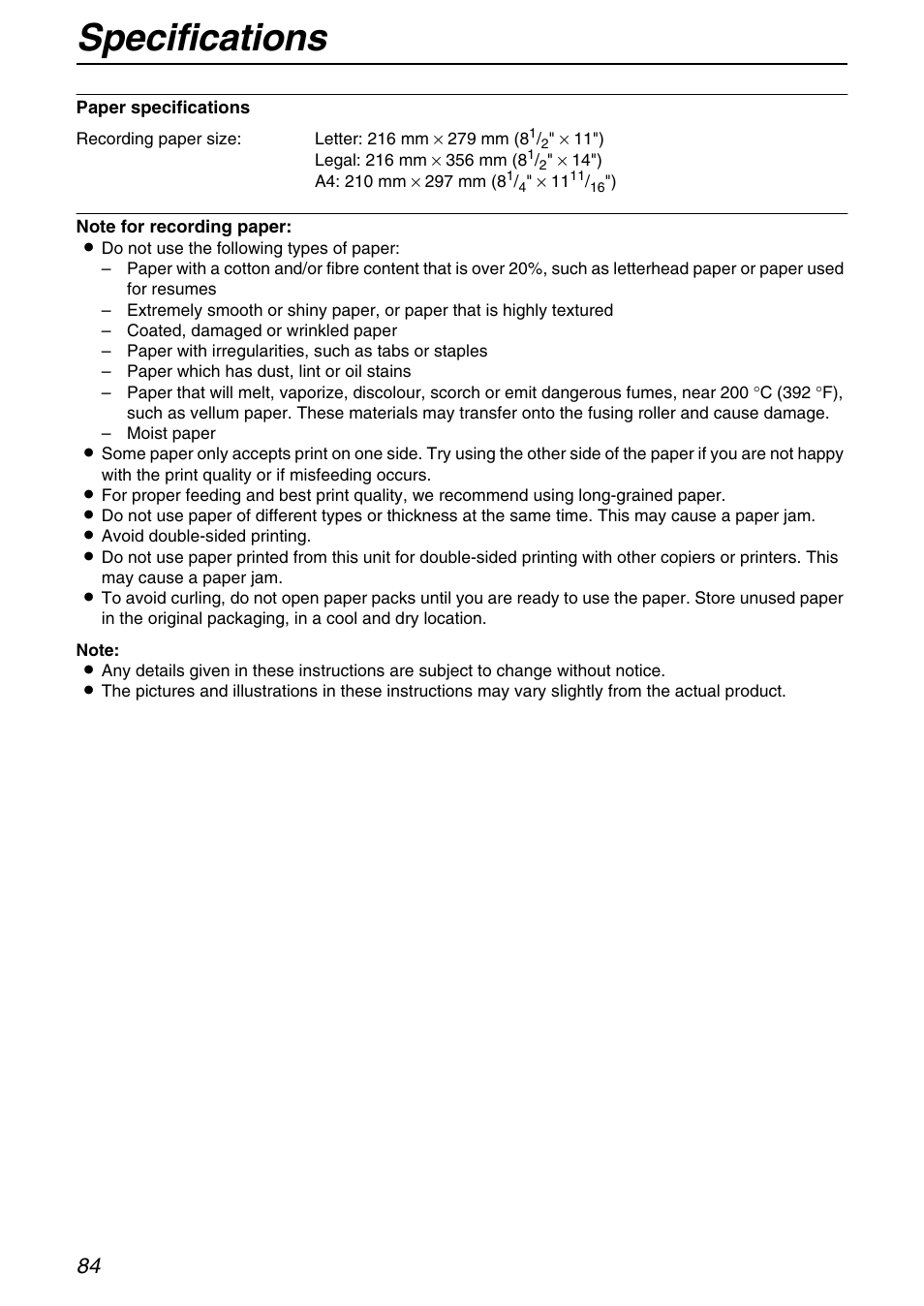 Specifications | Panasonic KX-FB421 User Manual | Page 84 / 92