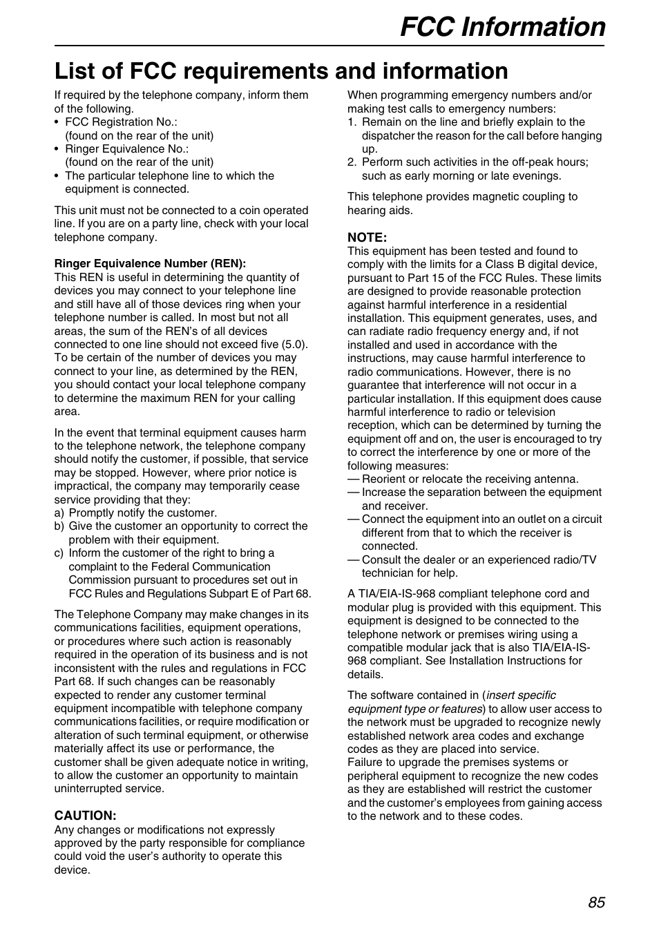Fcc information, List of fcc requirements and information | Panasonic KX-FB421 User Manual | Page 85 / 92