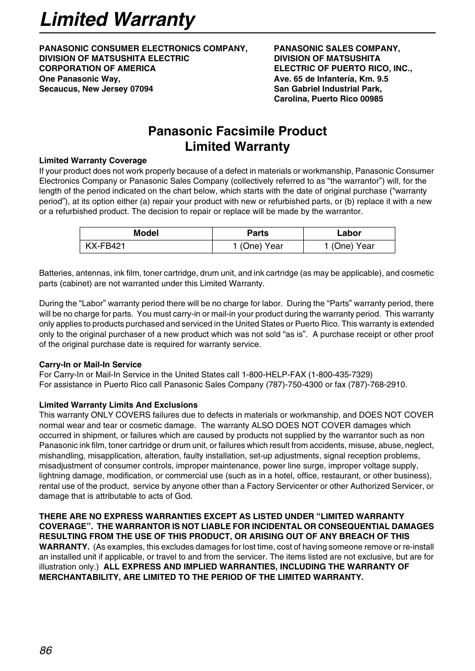 Limited warranty, Panasonic facsimile product limited warranty | Panasonic KX-FB421 User Manual | Page 86 / 92