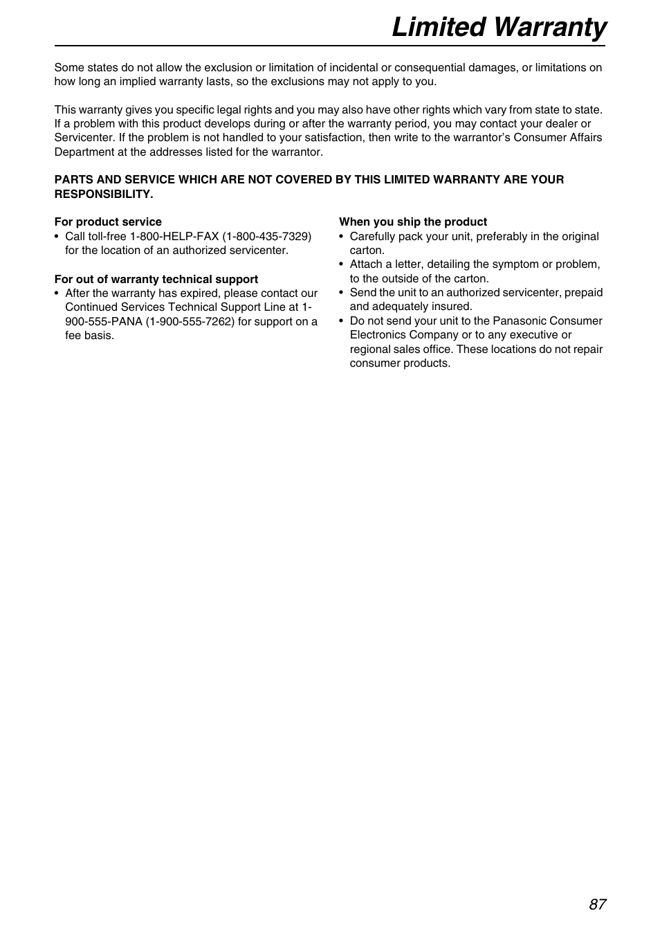 Limited warranty | Panasonic KX-FB421 User Manual | Page 87 / 92