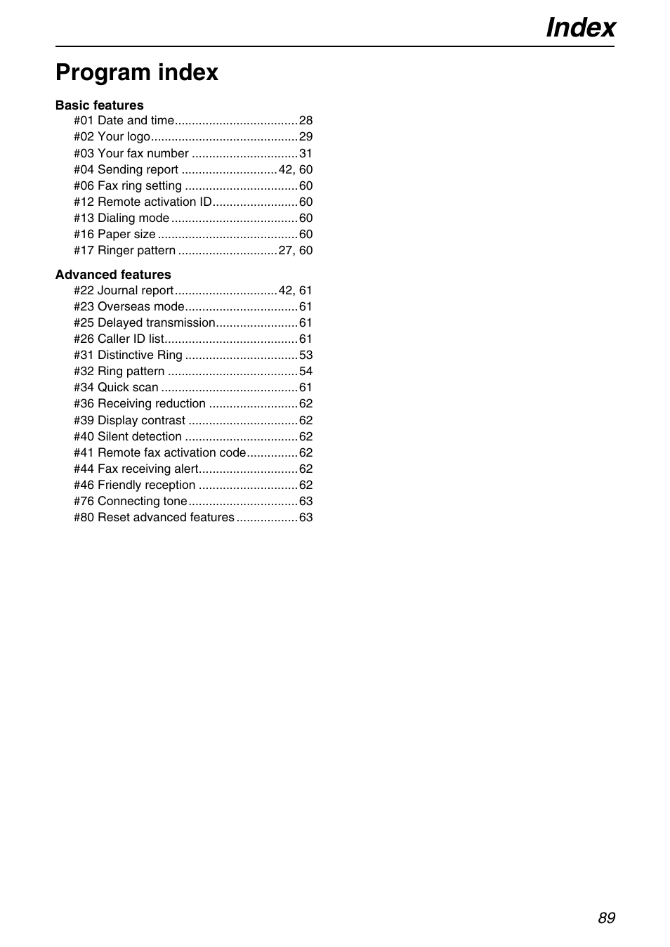 Index, Program index | Panasonic KX-FB421 User Manual | Page 89 / 92