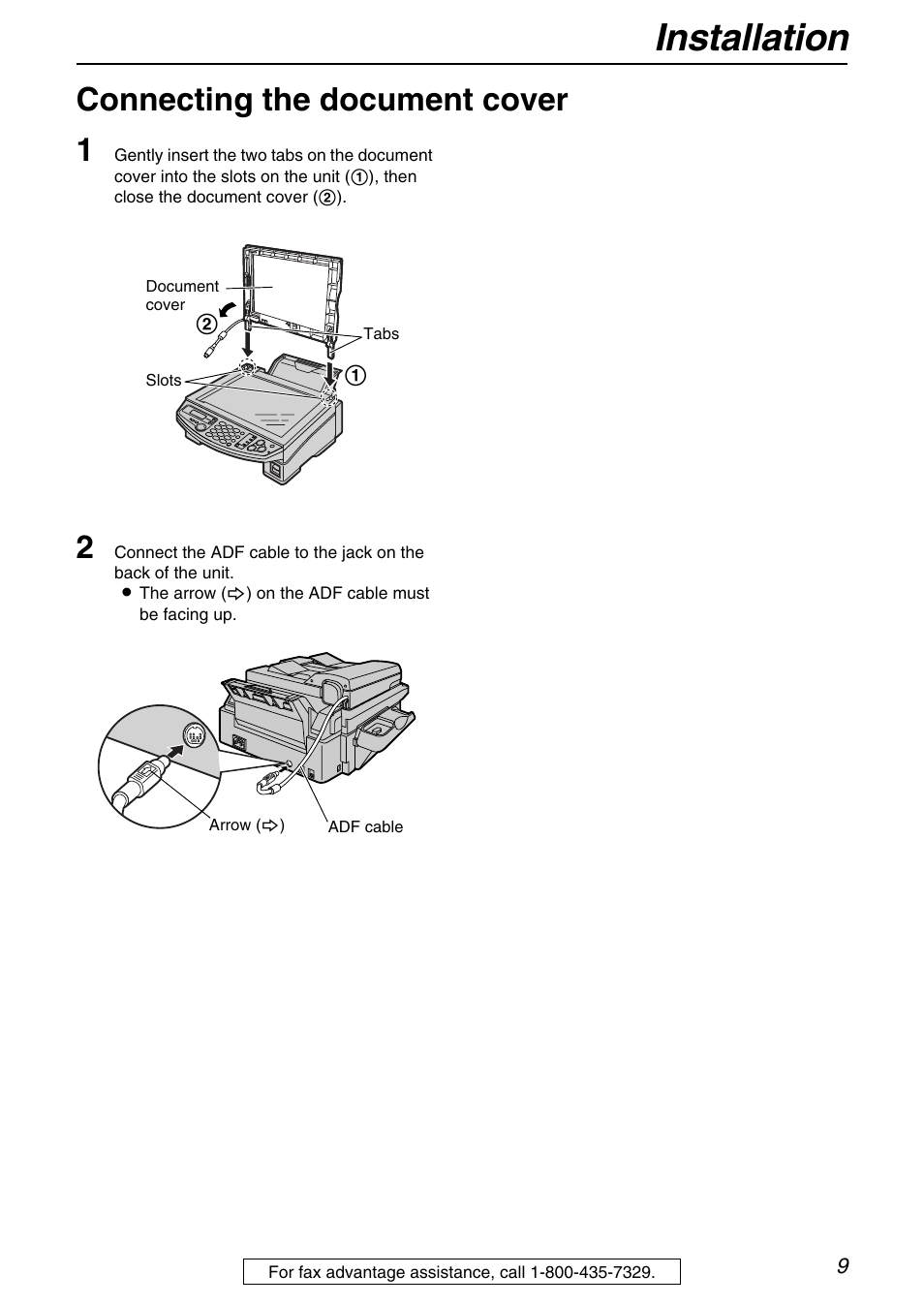 Installation, Connecting the document cover 1 | Panasonic KX-FB421 User Manual | Page 9 / 92