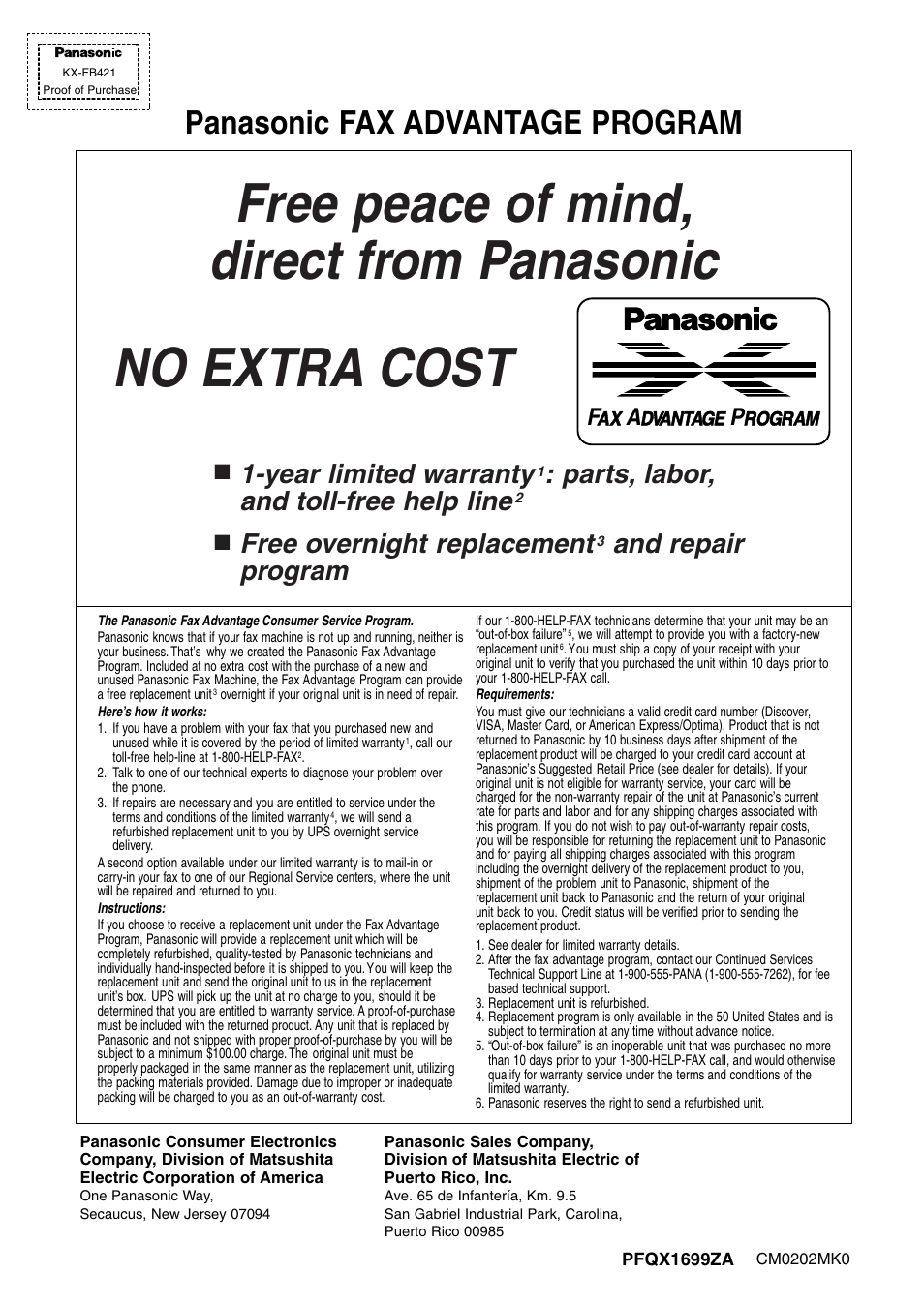 Panasonic fax advantage program, Year limited warranty, Parts, labor, and toll-free help line | Free overnight replacement, And repair program | Panasonic KX-FB421 User Manual | Page 92 / 92