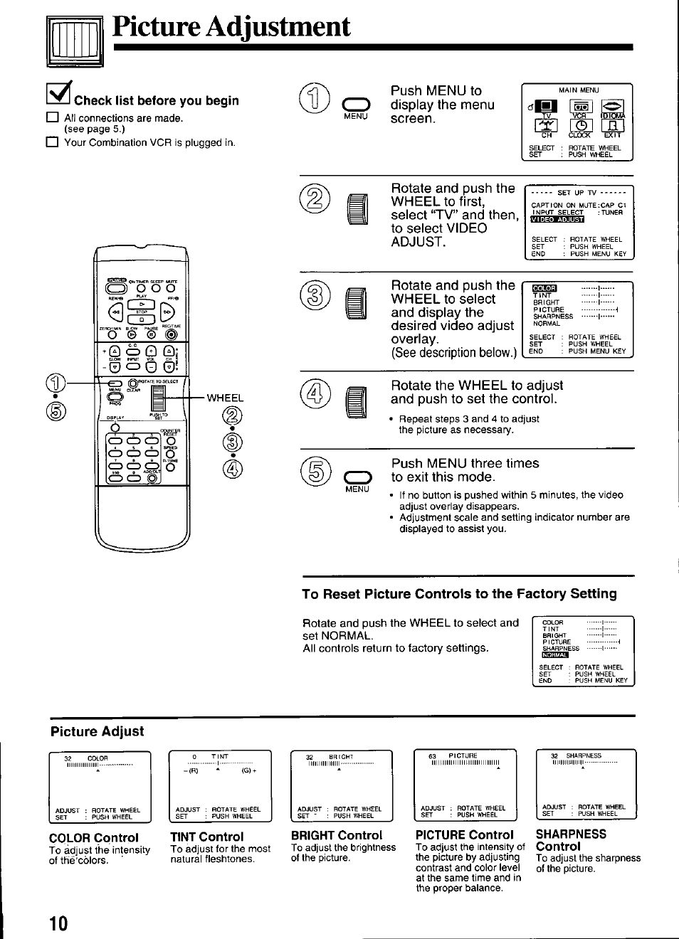 Picture adjustment, Check list before you begin, To reset picture controls to the factory setting | Picture adjust, Color control, Tint control, Bright control, Picture control, Sharpness, Push menu to display the menu screen | Panasonic PV-M2036 User Manual | Page 10 / 28