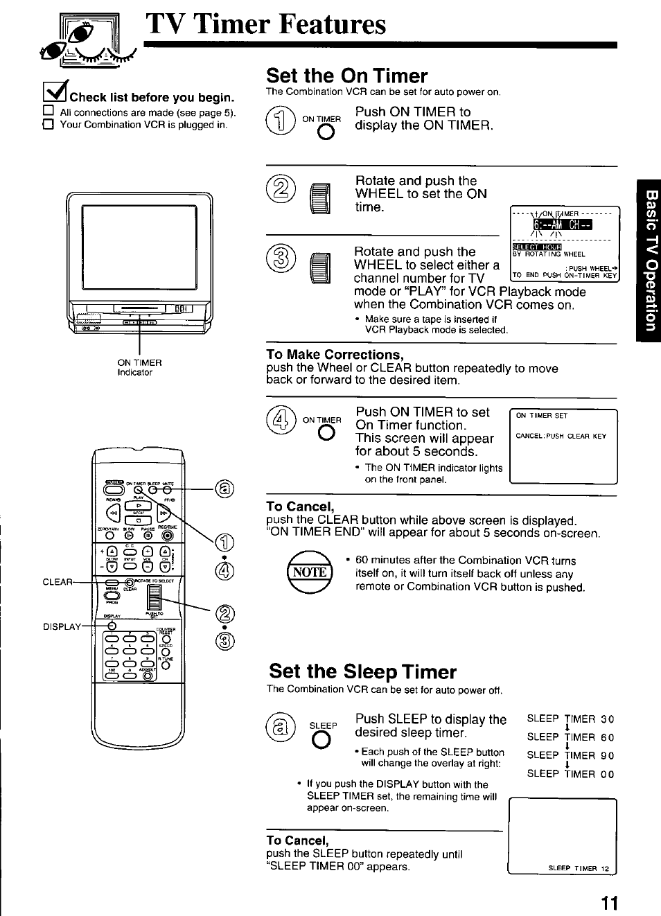 Check list before you begin, Tv timer features, Set the on timer | To make corrections, To cancel, Set the sleep timer | Panasonic PV-M2036 User Manual | Page 11 / 28