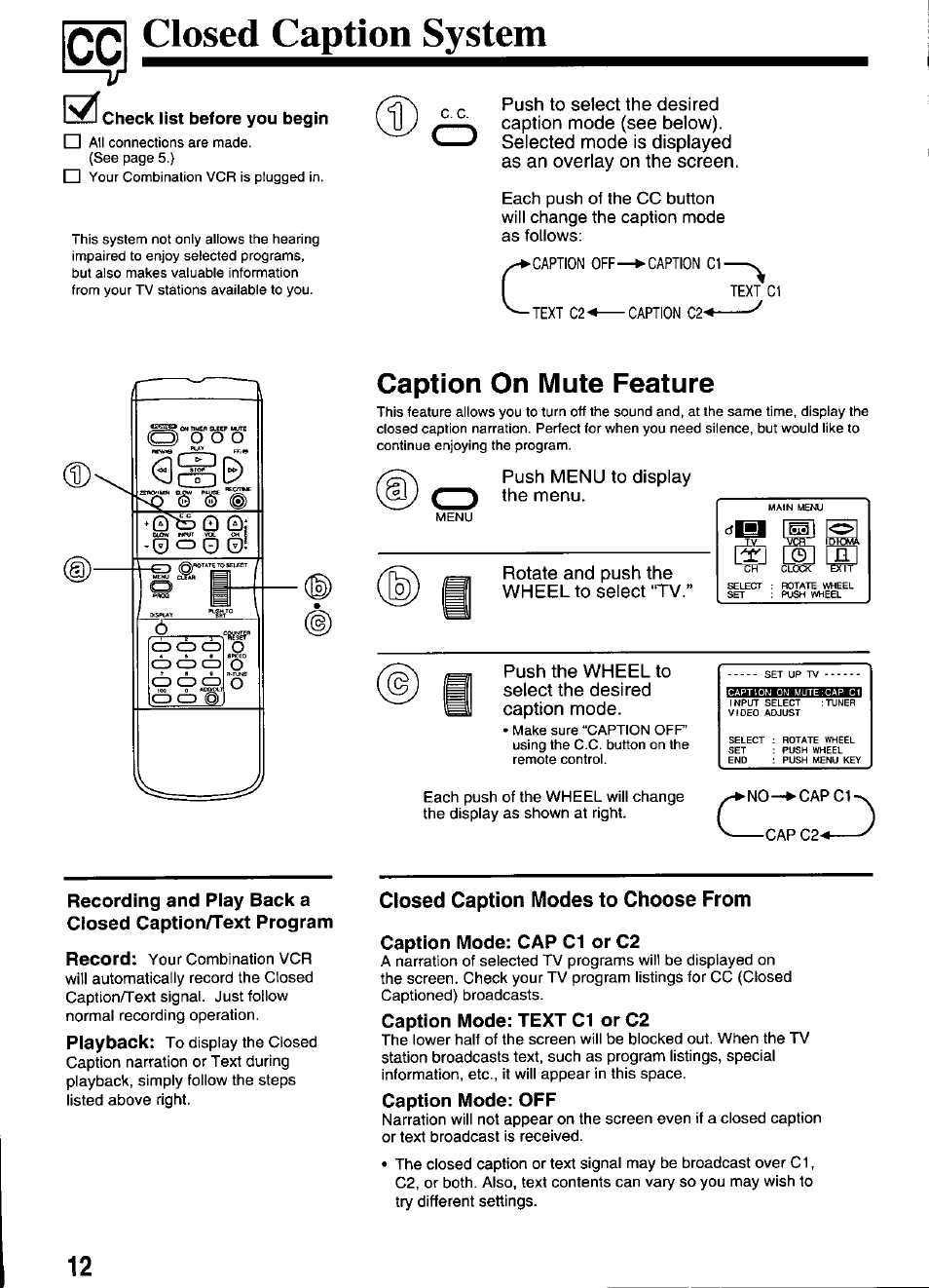I^zicheck list before you begin, Caption on mute feature, Closed caption modes to choose from | Caption mode: cap c1 or c2, Caption mode: text c1 or c2, Caption mode: off, Qg closed caption system | Panasonic PV-M2036 User Manual | Page 12 / 28