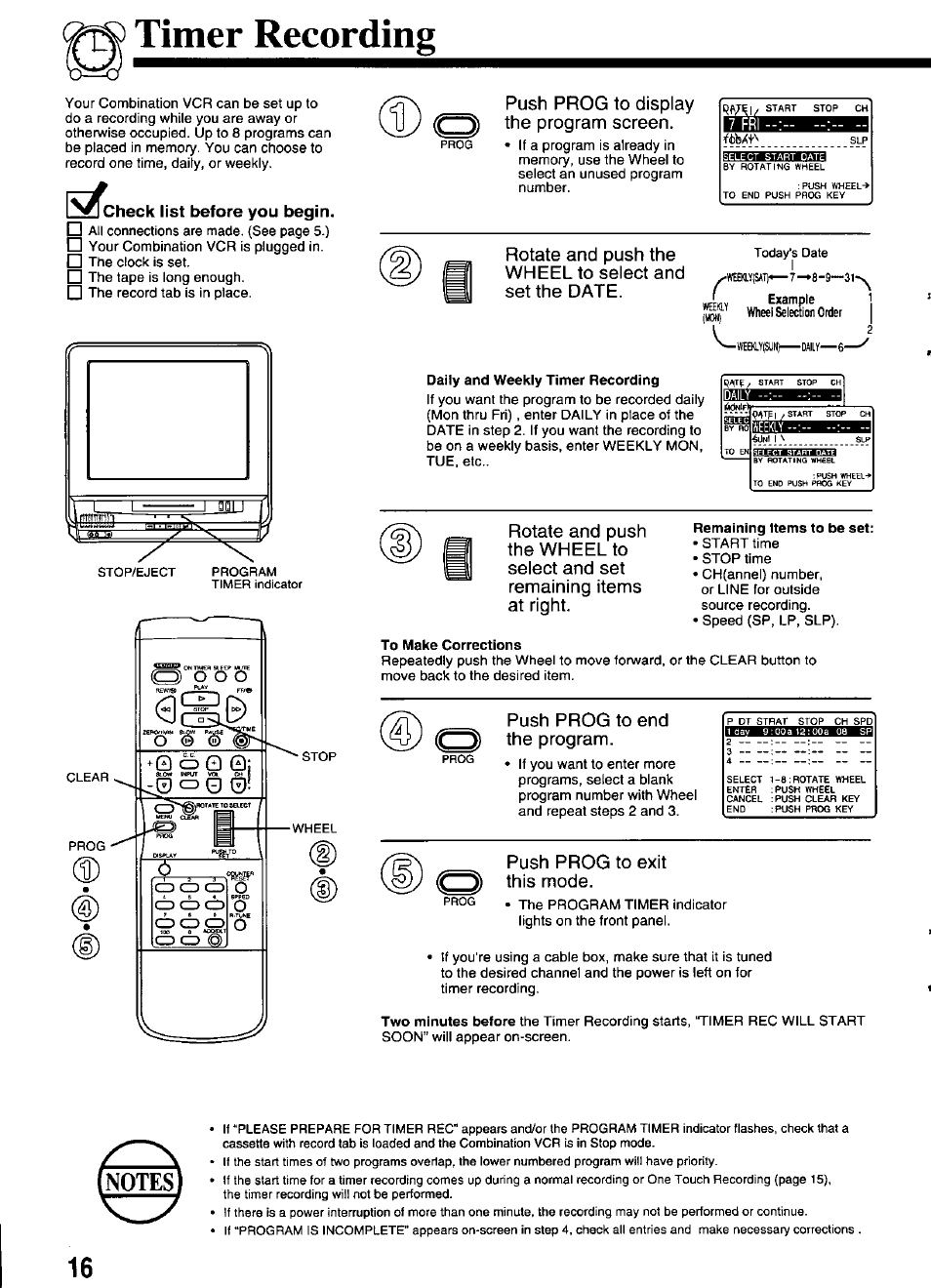 Timer recording, S^^heck list before you begin, Push prog to display the program screen | Push prog to end the program, Push prog to exit this mode | Panasonic PV-M2036 User Manual | Page 16 / 28