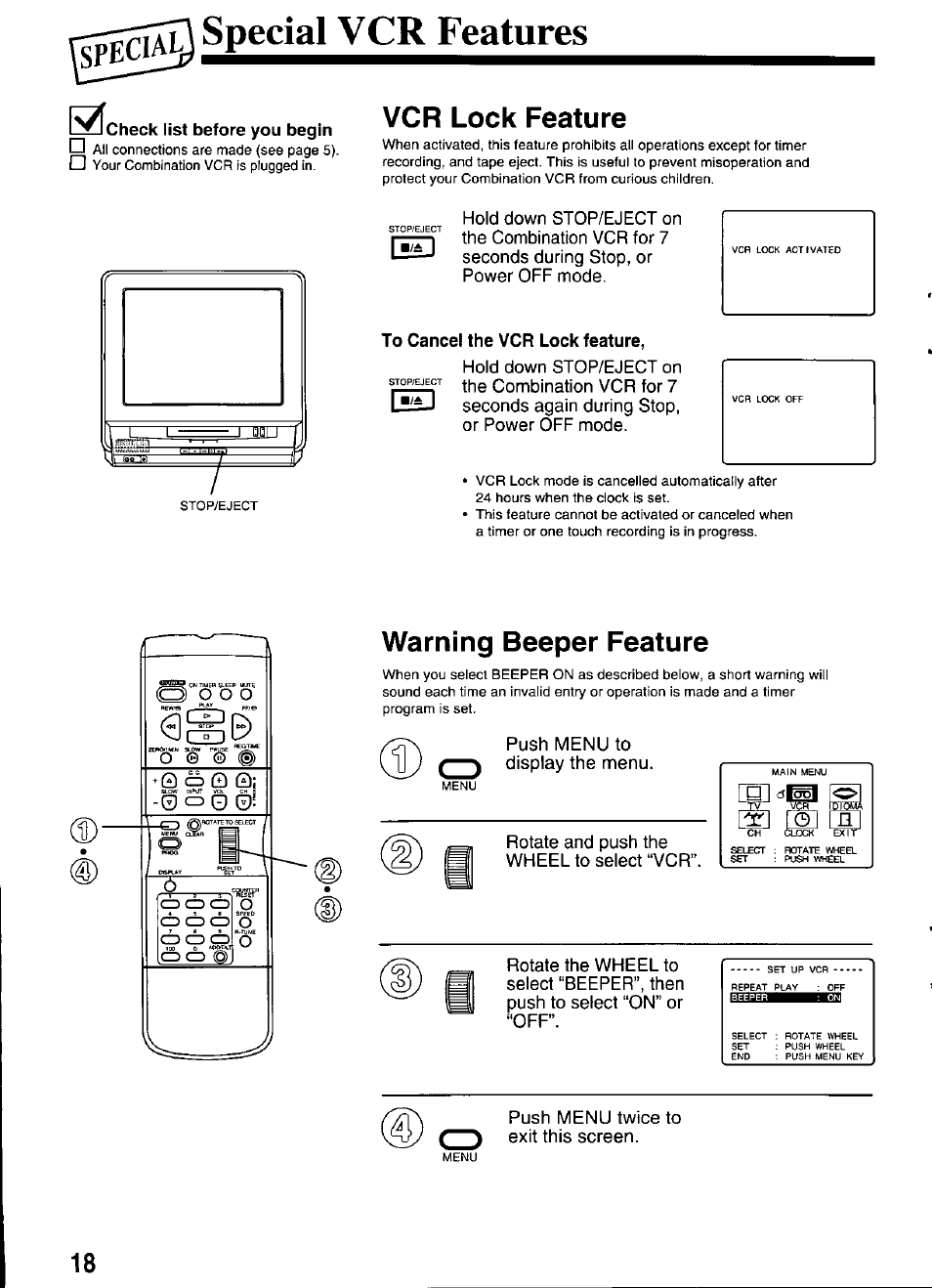 Flcheck list before you begin, Vcr lock feature, To cancel the vcr lock feature | Warning beeper feature, Ial vcr features | Panasonic PV-M2036 User Manual | Page 18 / 28