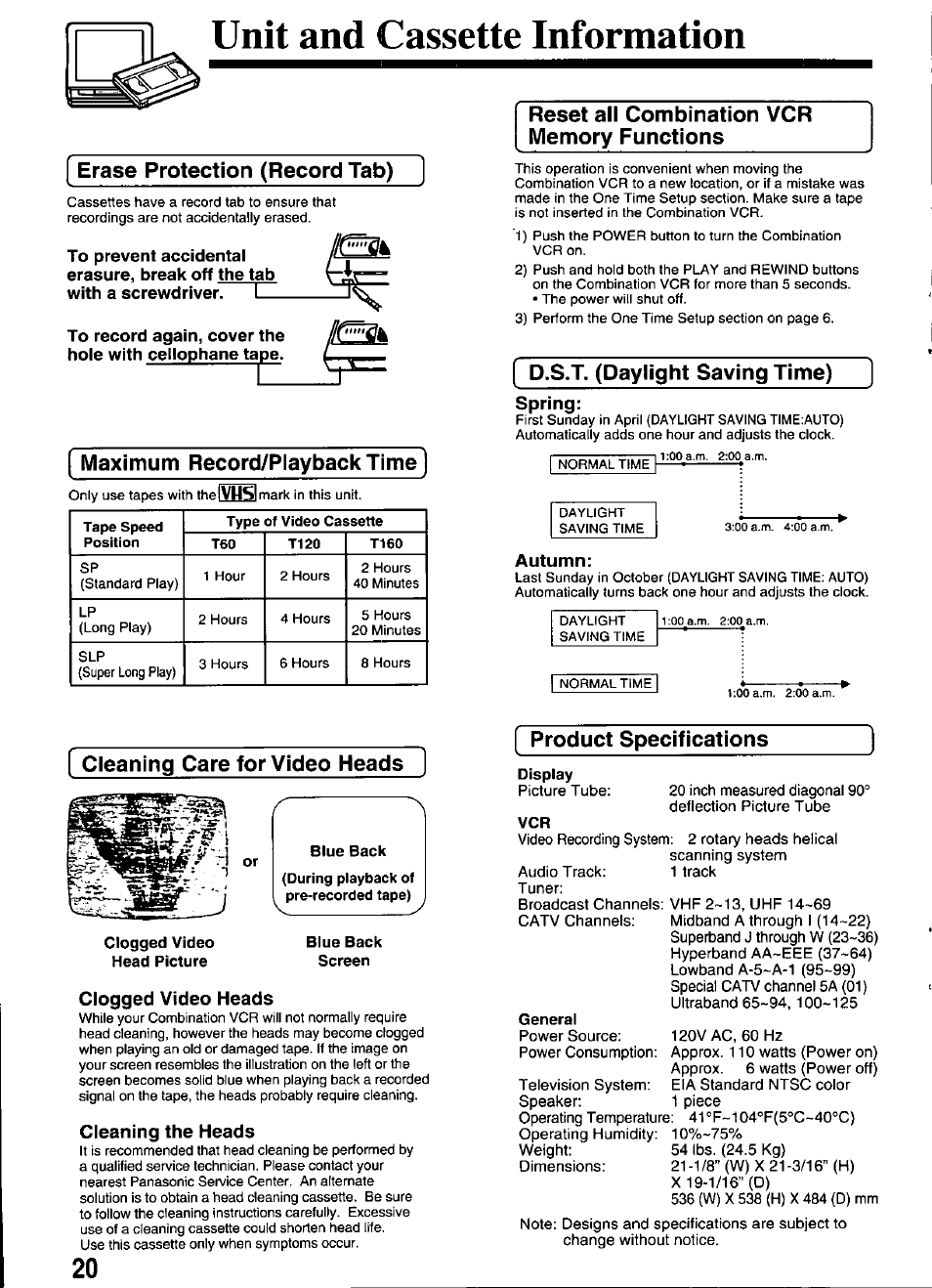 Unit and cassette information, Erase protection (record tab), Maximum record/playbacktime | Cleaning care for video heads, Clogged video head picture, Blue back, Blue back screen, Clogged video heads, Cleaning the heads, Reset all combination vcr memory functions | Panasonic PV-M2036 User Manual | Page 20 / 28