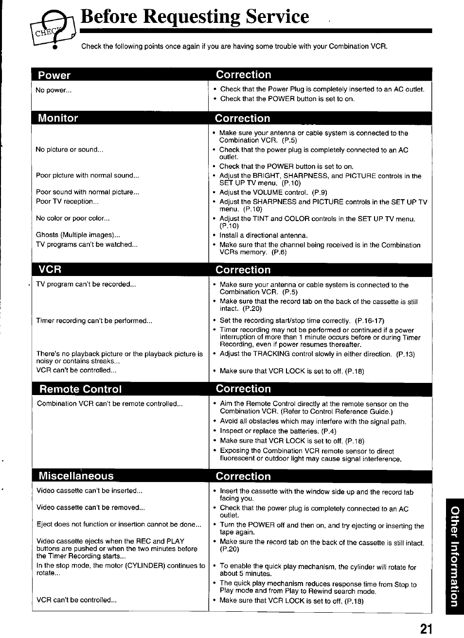 Before requesting service, Remote control, Miscellaneous | Correction, Power correction, Monitor correction | Panasonic PV-M2036 User Manual | Page 21 / 28