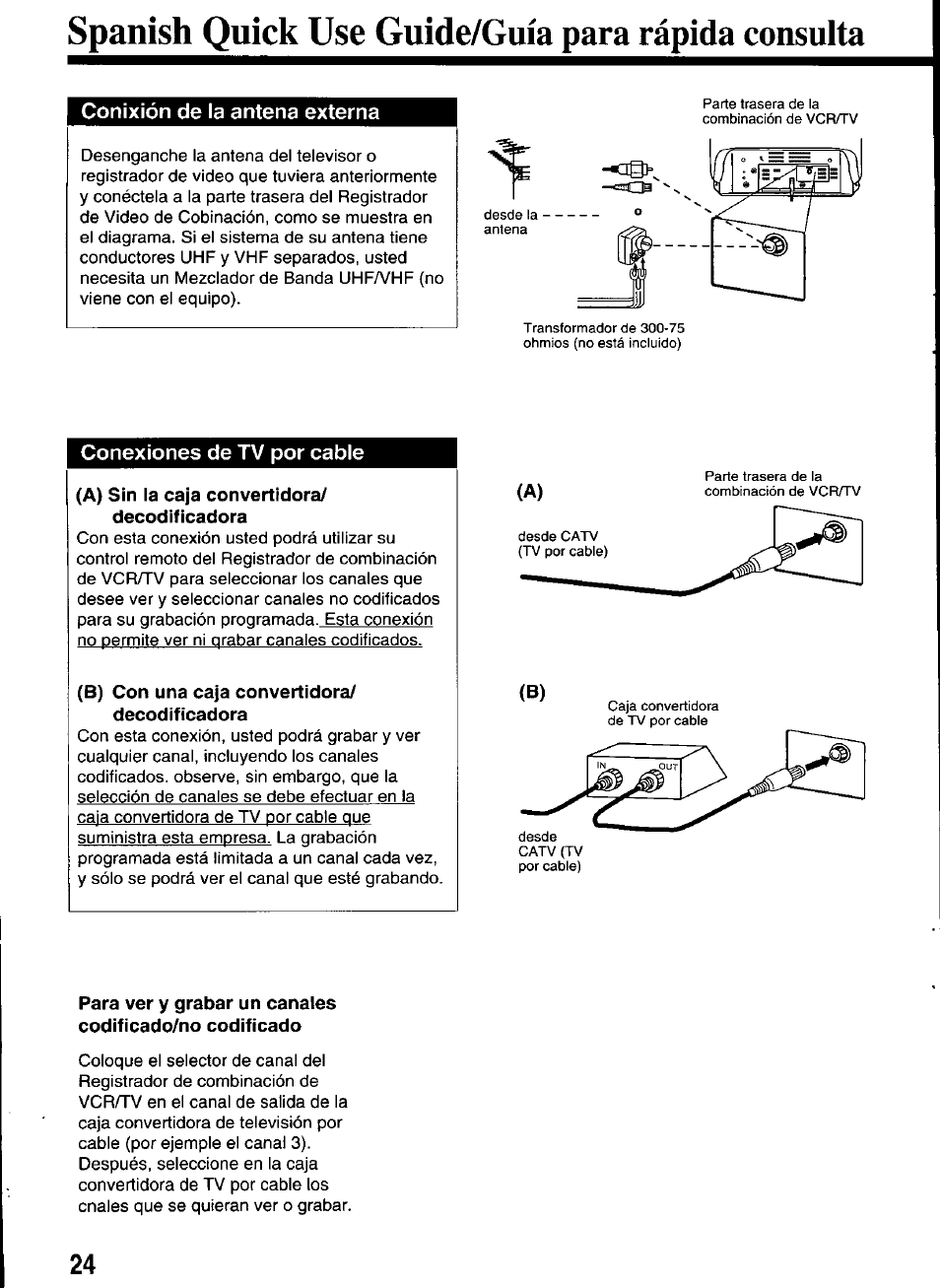 Conixión de la antena externa, Conexiones de tv por cable, A) sin la caja convertidora/ decodificadora | B) con una caja convertidora/ decodificadora, Spanish quick use guide/guia para rápida consulta | Panasonic PV-M2036 User Manual | Page 24 / 28