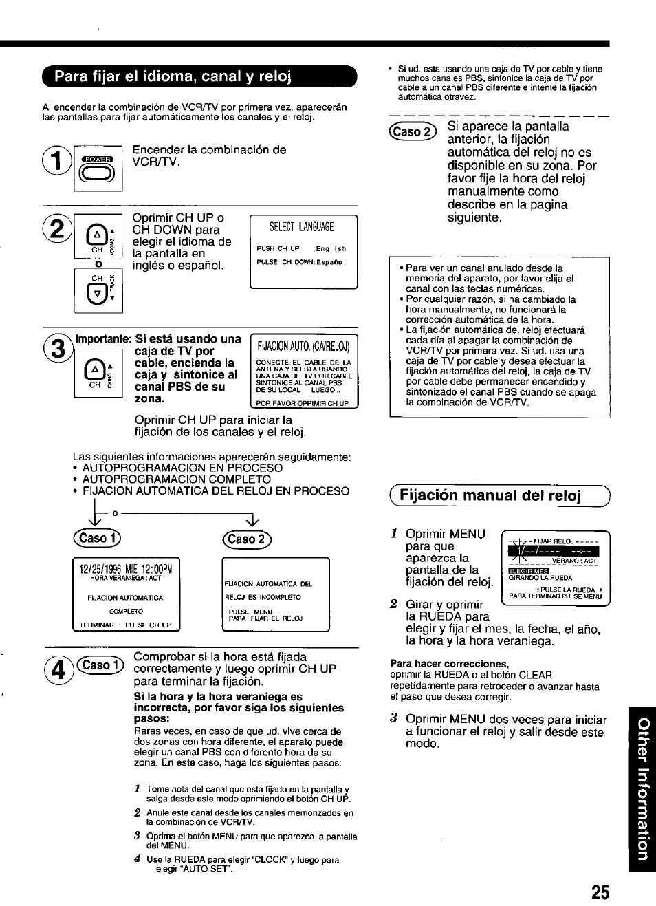 Para fijar el idioma, canal y reloj, Gasoç), Paso2) | Fijación manual del reloj ) | Panasonic PV-M2036 User Manual | Page 25 / 28