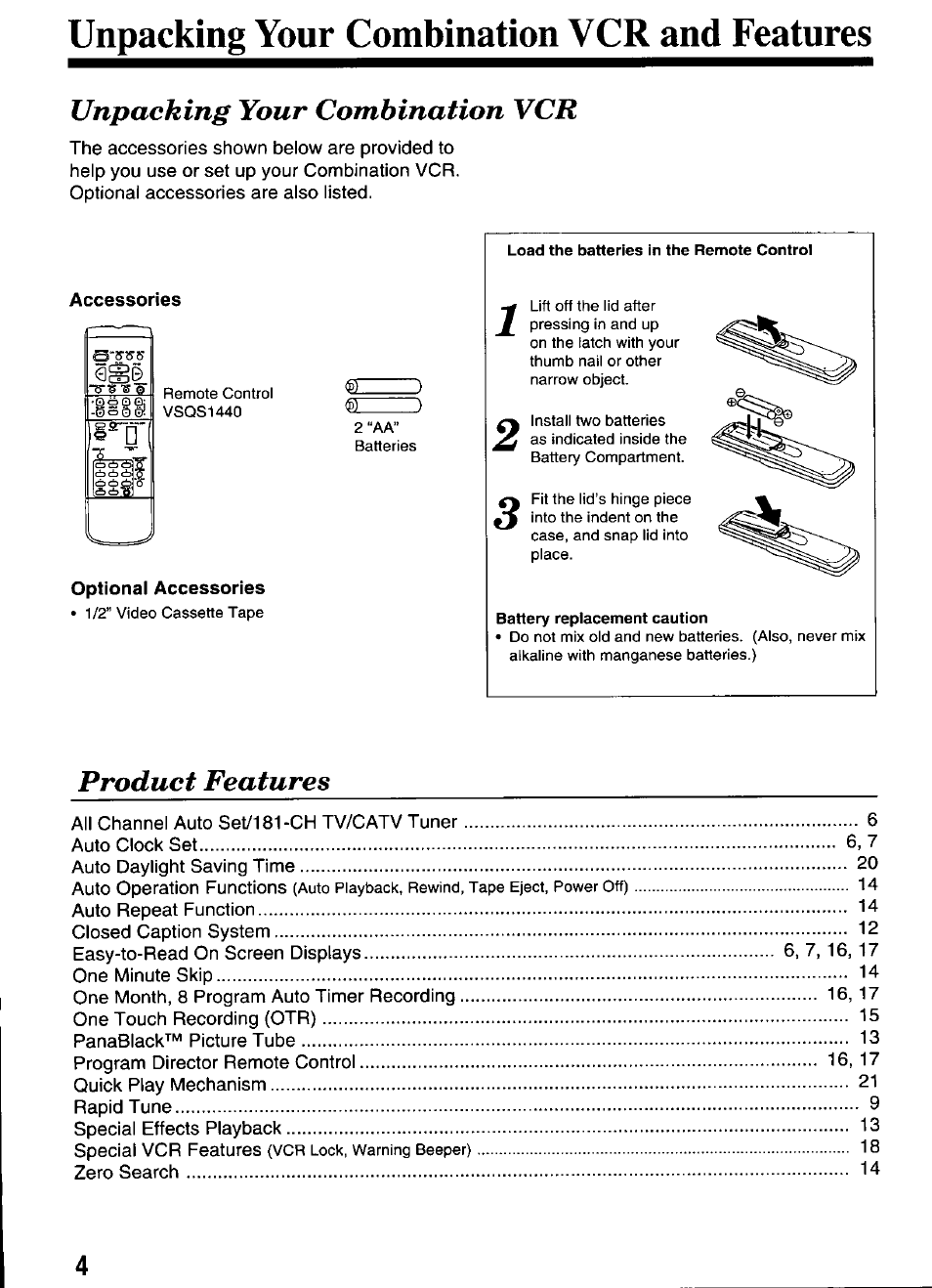 Unpacking your combination vcr and features, Accessories, Optional accessories | Unpacking your combination vcr, Product features | Panasonic PV-M2036 User Manual | Page 4 / 28
