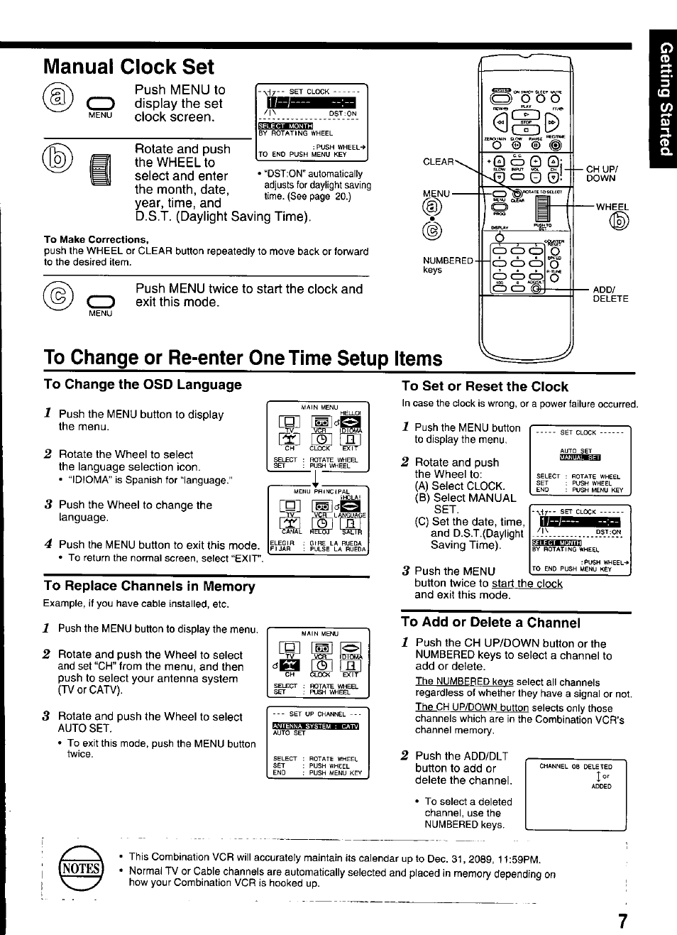 Manual clock set, To change or re-enter one time setup items, To set or reset the clock | To change the osd language, To replace channels in memory, To add or delete a channel, Auto clock set , 7, Push menu to display the set clock screen, О о о, О ® © @ •q о g 0 | Panasonic PV-M2036 User Manual | Page 7 / 28