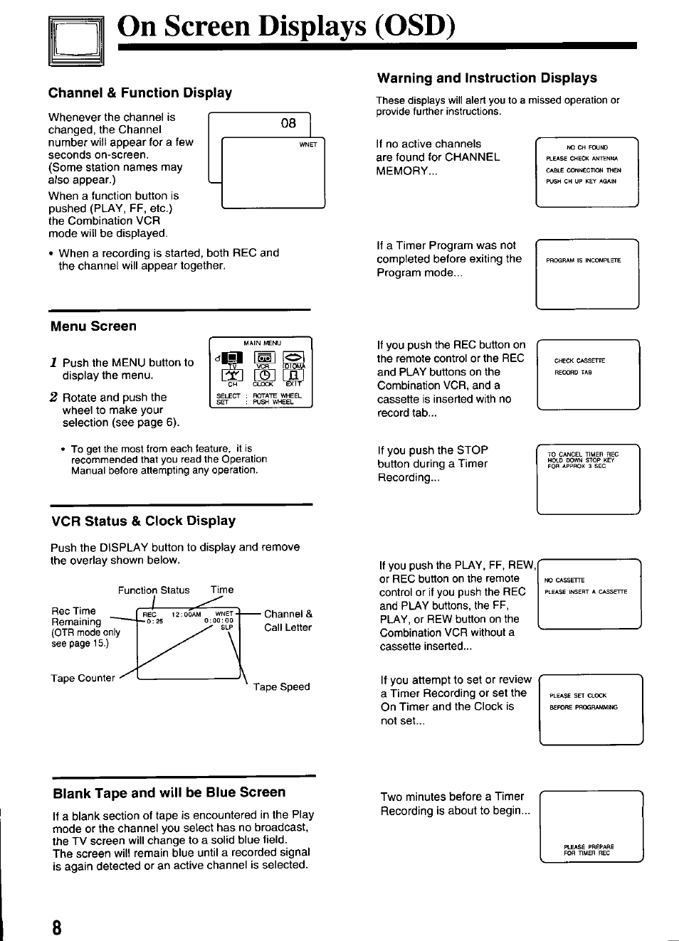 On screen displays (osd), Channel & function display, Menu screen | Warning and instruction displays, Vcr status & clock display, Blank tape and will be blue screen | Panasonic PV-M2036 User Manual | Page 8 / 28