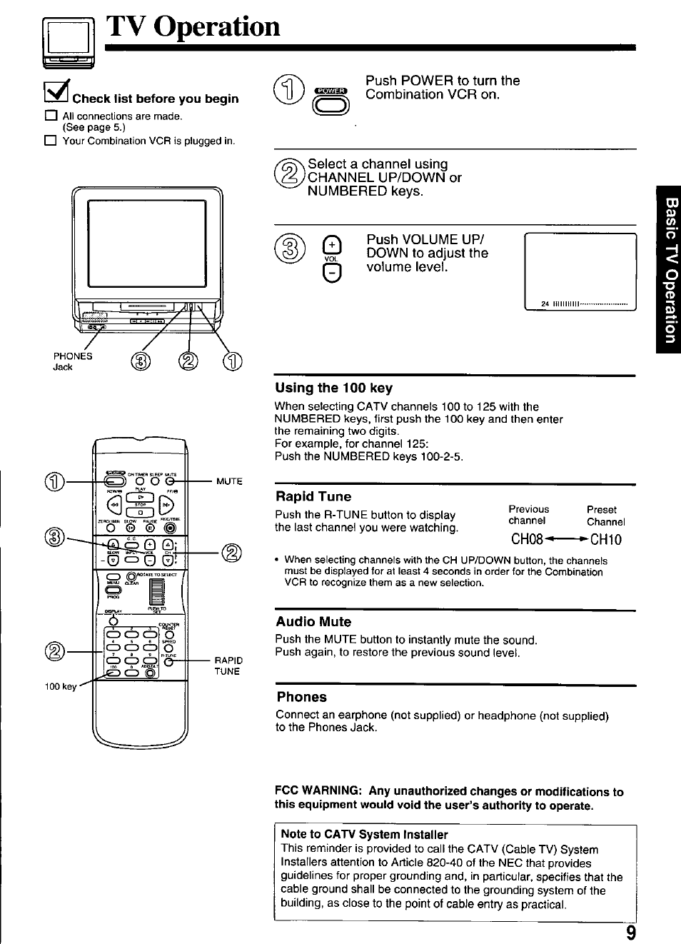 Check list before you begin, Using the 100 key, Rapid tune | Ch08, Audio mute, Phones, Note to catv system installer, Tv operation | Panasonic PV-M2036 User Manual | Page 9 / 28