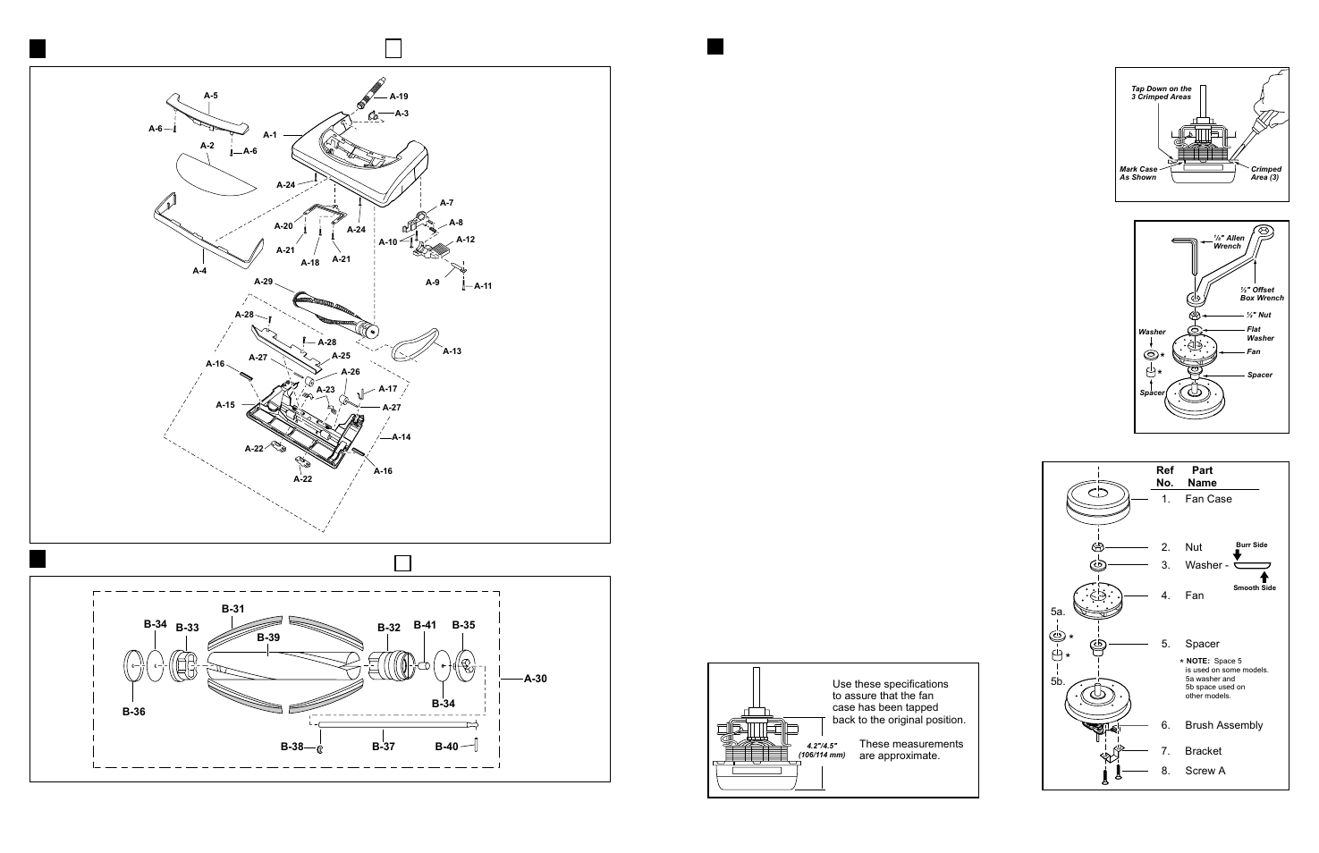 Exploded view, Motor fan replacement, Nozzle housing)… block a | Agitator assembly)... block, Removal, Installation | Panasonic MC-V5203 User Manual | Page 4 / 10
