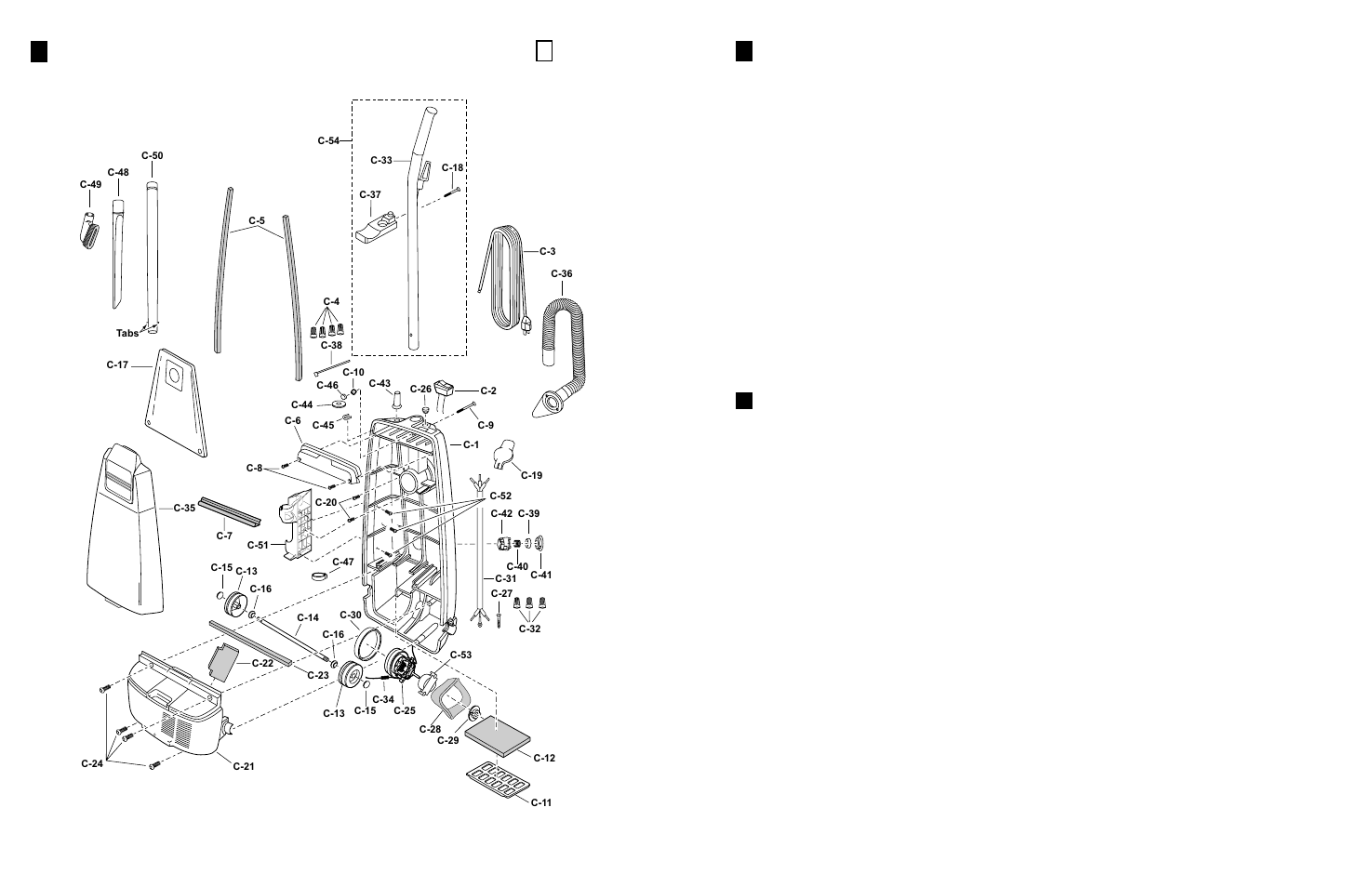 Exploded view, Hose replacement, Power cord/on-off switch replacement (cont.) | Body, motor housing, and motor)… block c, Removal, Replacement, Installation | Panasonic MC-V5203 User Manual | Page 6 / 10