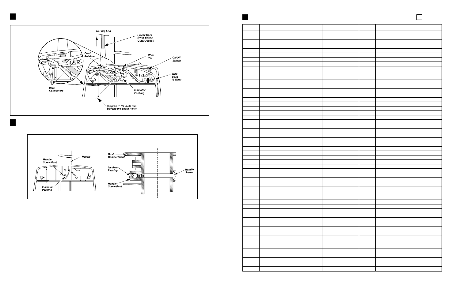 Parts list, Motor housing, motor, handle, and body)... block c, Removal | Dust compartment component locations | Panasonic MC-V5203 User Manual | Page 7 / 10