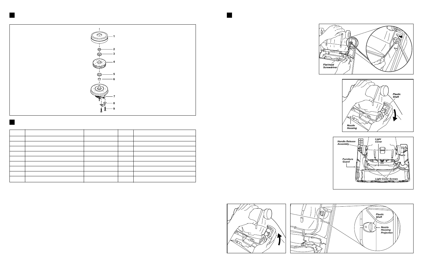 Parts list, Exploded view, Nozzle housing and short hose replacement | Motor fan assembly), Removal, Installation | Panasonic MC-V5203 User Manual | Page 8 / 10