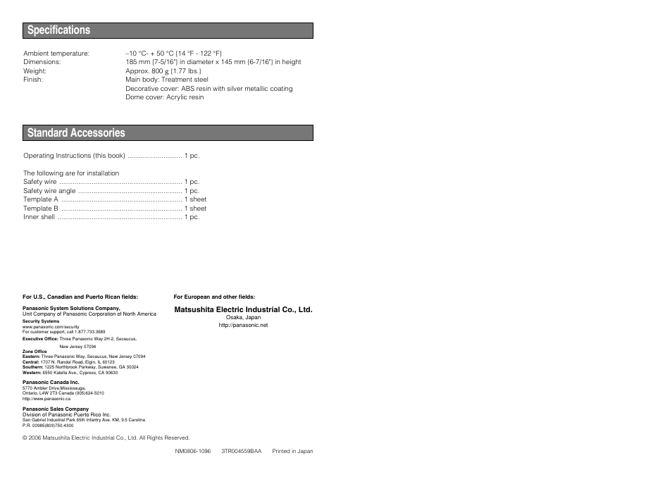 Specifications, Standard accessories | Panasonic WV-Q151S User Manual | Page 7 / 7