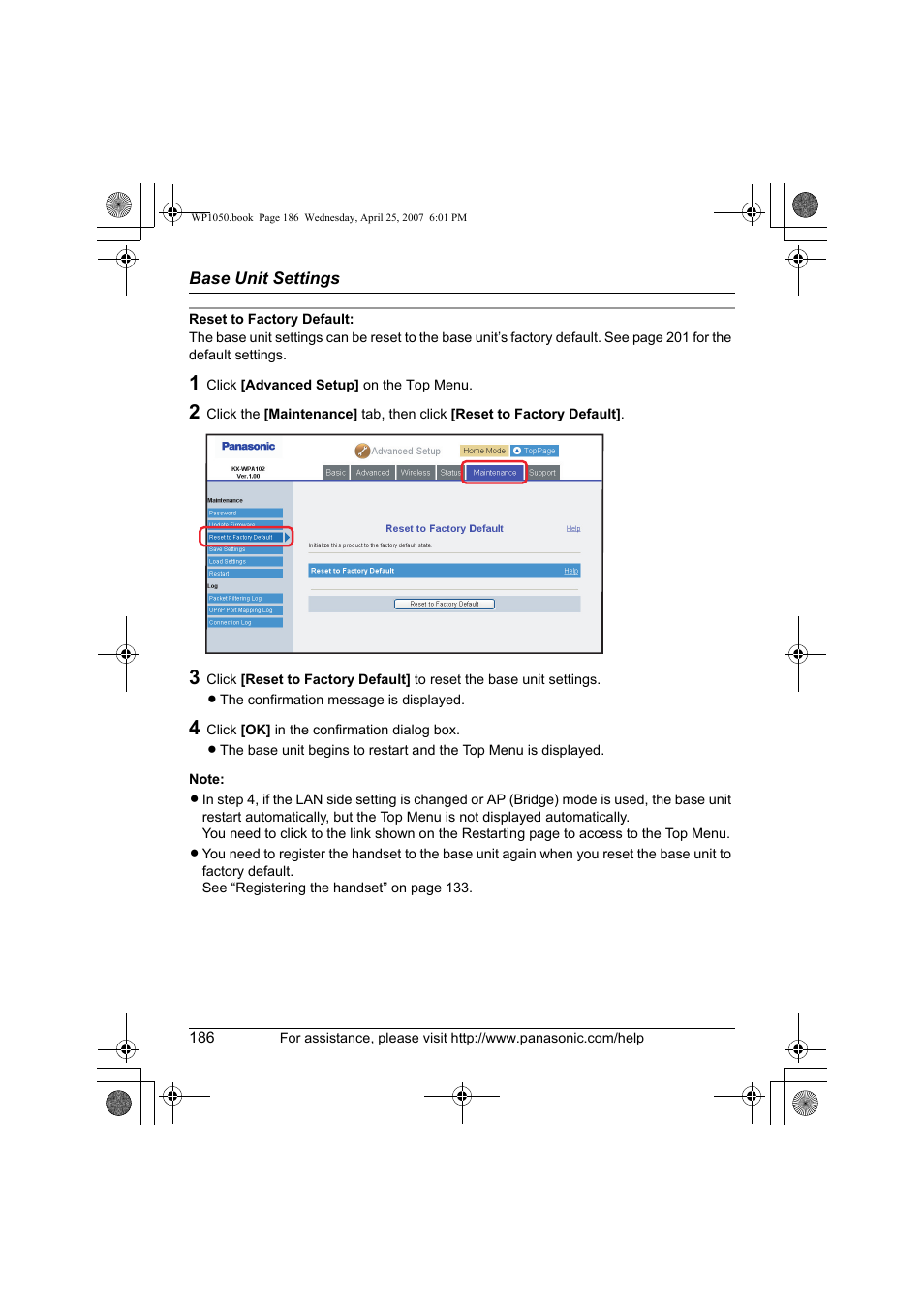 Reset to factory default | Panasonic KX WP1050 User Manual | Page 186 / 236