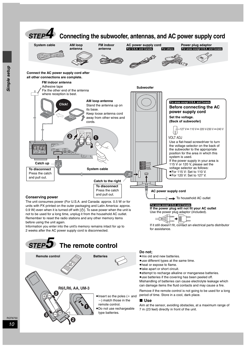 Step 5 the remote control, Step4, Step5 | Step, The remote control, Simple set up, Before connecting the ac power supply cord, R6/lr6, aa, um-3 | Panasonic SC-HT900 User Manual | Page 10 / 44