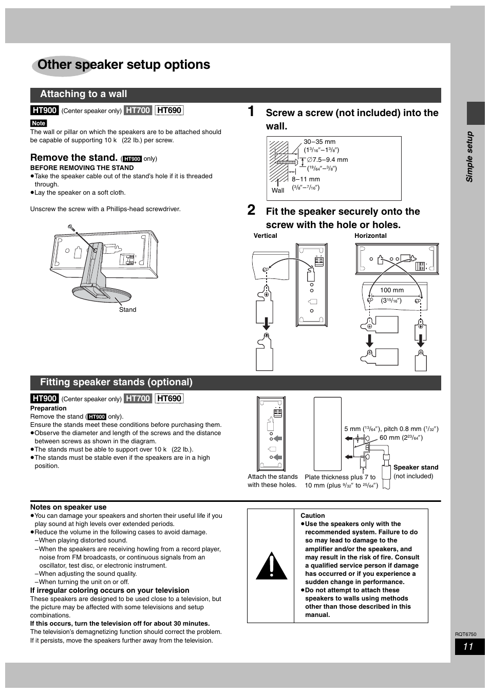Other speaker setup options, Ht900, Remove the stand | Screw a screw (not included) into the wall, Attaching to a wall, Fitting speaker stands (optional), Simple set up | Panasonic SC-HT900 User Manual | Page 11 / 44