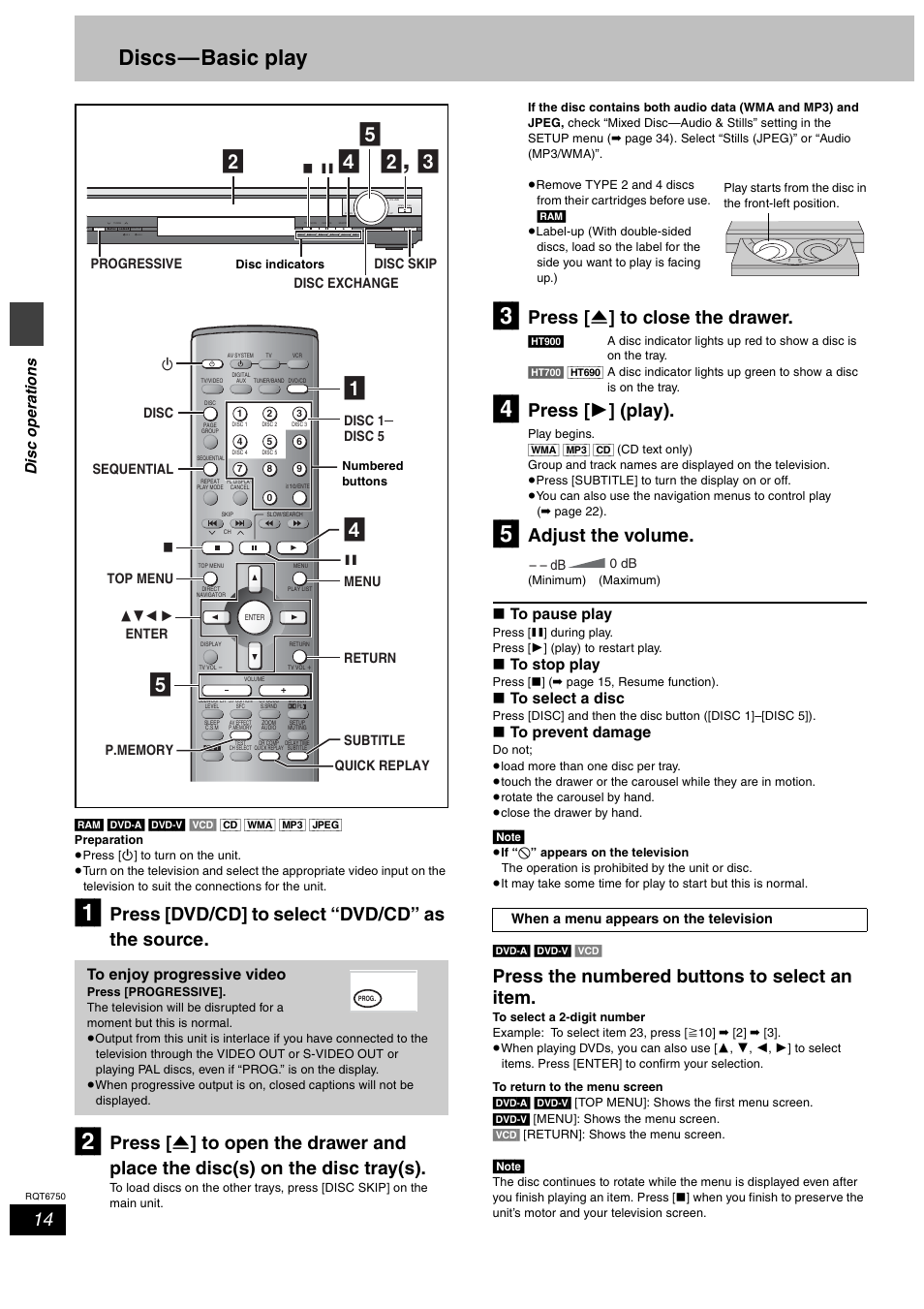 Disc operations, Discs - basic play, Discs—basic play | Press [dvd/cd] to select “dvd/cd” as the source, Press [ < ] to close the drawer, Press [ 1 ] (play), Adjust the volume, Press the numbered buttons to select an item, Dis c ope ra tions | Panasonic SC-HT900 User Manual | Page 14 / 44