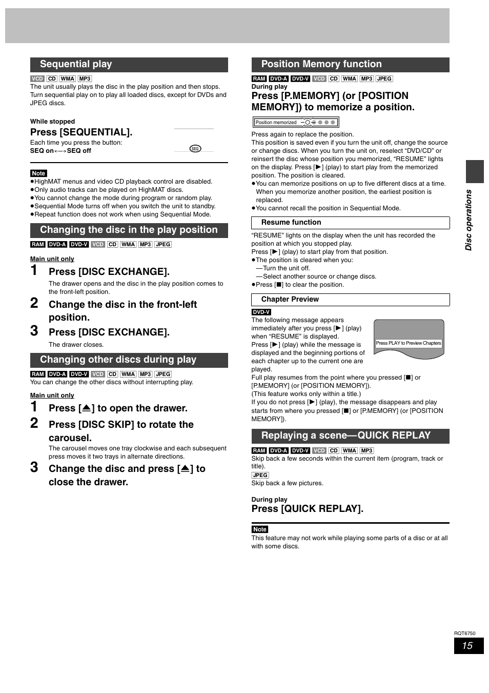 Press [sequential, Press [disc exchange, Change the disc in the front-left position | Press [ < ] to open the drawer, Press [disc skip] to rotate the carousel, Press [quick replay, Replaying a scene—quick replay | Panasonic SC-HT900 User Manual | Page 15 / 44