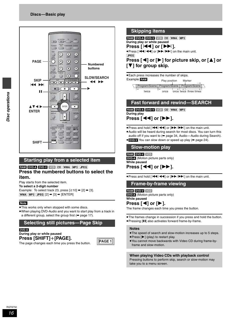 Starting play from a selected item, Press the numbered buttons to select the item, Press [shift] i [page | Press [ : ] or [ 9, Press [ 6 ] or [ 5, Press [ 2 ] or [ 1, Dis c ope ra tions, Discs—basic play | Panasonic SC-HT900 User Manual | Page 16 / 44