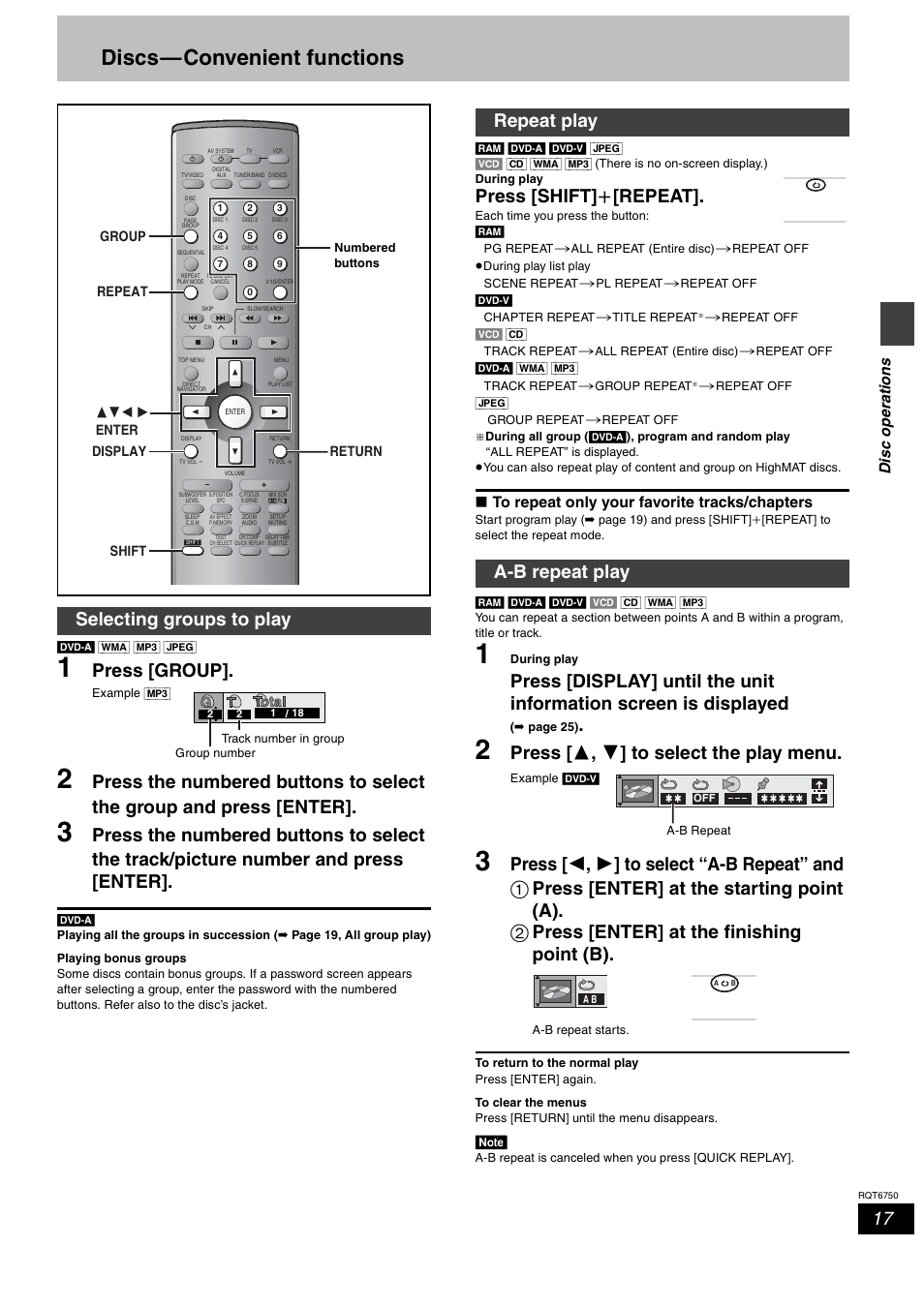 Discs - convenient functions, Discs—convenient functions, Press [group | Press [shift] i [repeat, Press [ 3 , 4 ] to select the play menu, Selecting groups to play, Repeat play a-b repeat play, Dis c ope ra tions | Panasonic SC-HT900 User Manual | Page 17 / 44