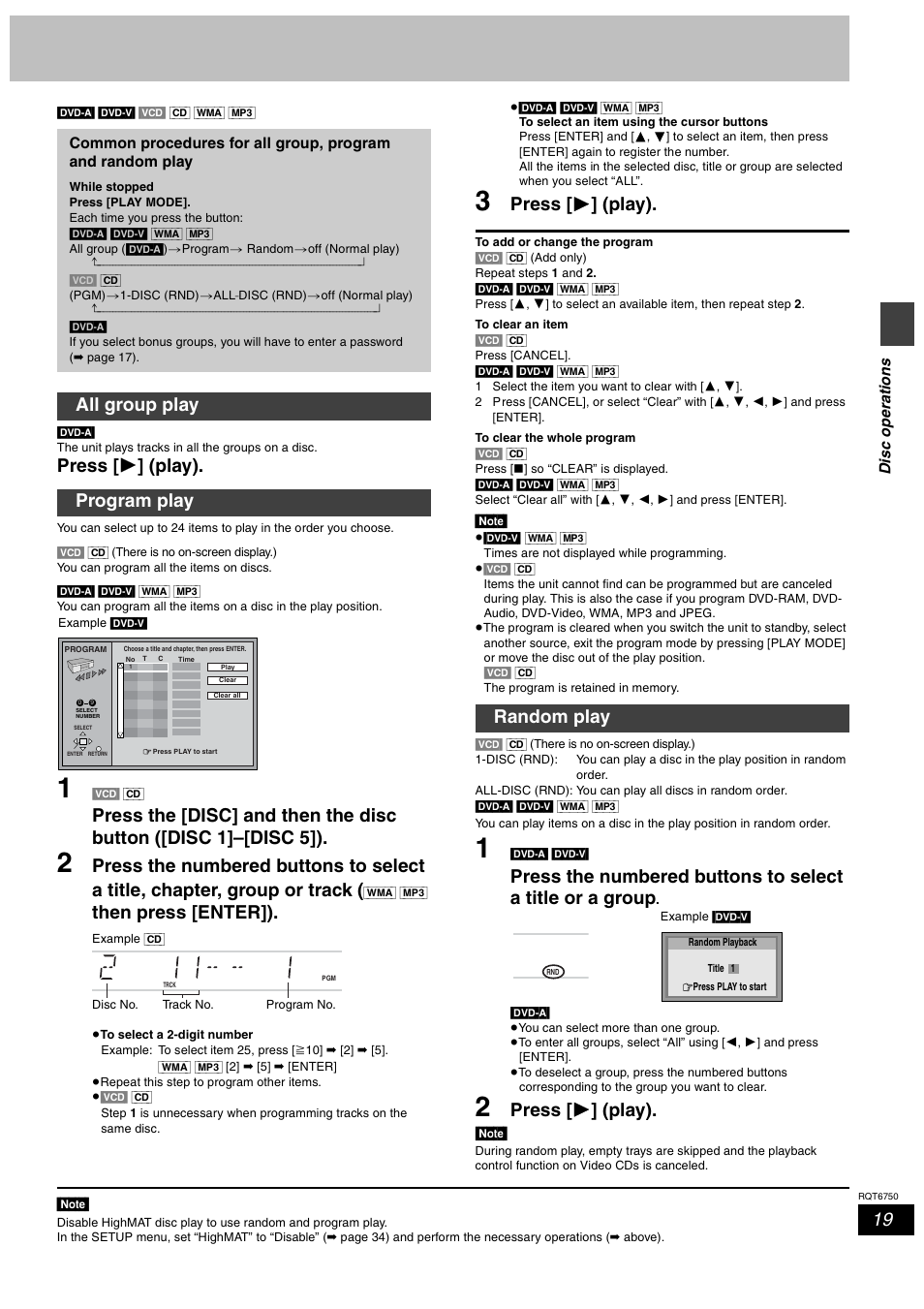 Random play, Press [ 1 ] (play), Then press [enter]) | All group play program play | Panasonic SC-HT900 User Manual | Page 19 / 44