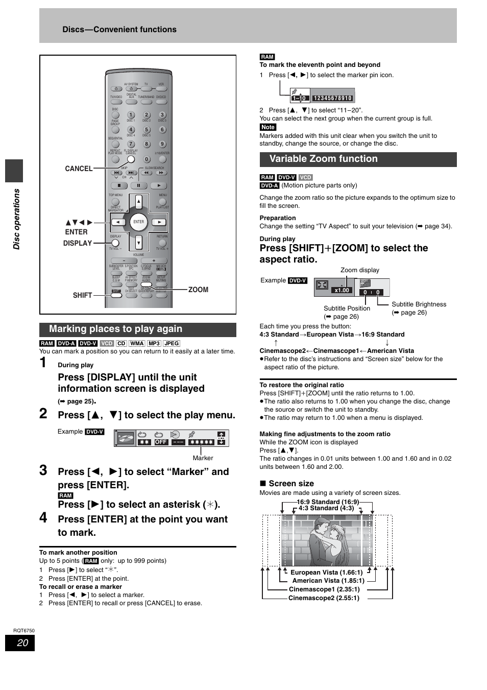 Variable zoom function, Press [ 3 , 4 ] to select the play menu, Press [ 1 ] to select an asterisk ( ¢ ) | Press [enter] at the point you want to mark, Press [shift] i [zoom] to select the aspect ratio, Marking places to play again, Dis c ope ra tions, Discs—convenient functions, Screen size | Panasonic SC-HT900 User Manual | Page 20 / 44