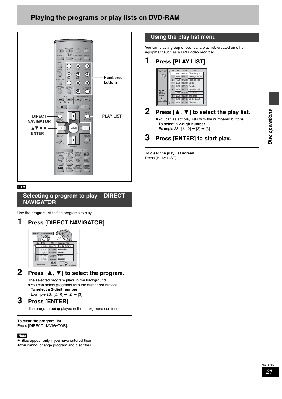 Playing the programs or play lists on dvd-ram, Press [direct navigator, Press [ 3 , 4 ] to select the program | Press [enter, Press [play list, Press [ 3 , 4 ] to select the play list, Press [enter] to start play, Selecting a program to play—direct navigator, Using the play list menu, Dis c ope ra tions | Panasonic SC-HT900 User Manual | Page 21 / 44