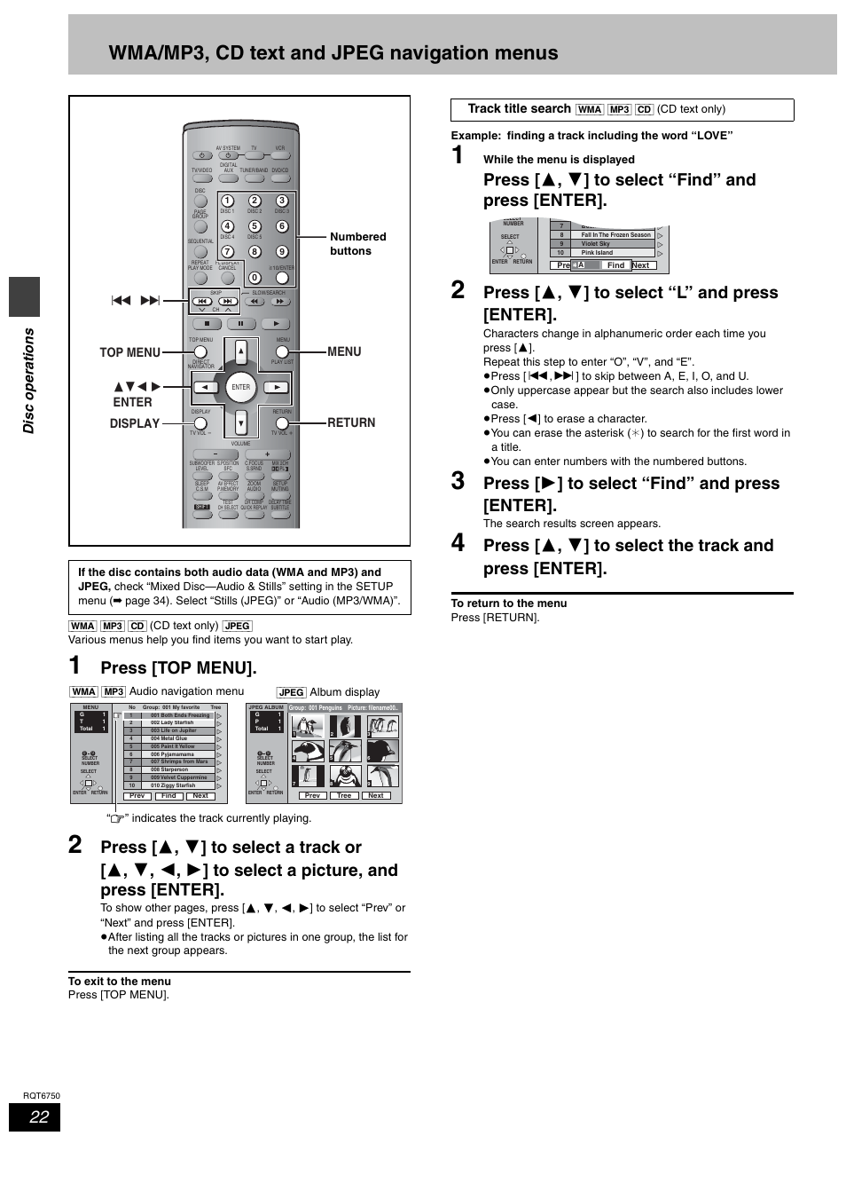 Wma/mp3, cd text and jpeg navigation menus, Press [top menu, Press [ 3 , 4 ] to select “find” and press [enter | Press [ 3 , 4 ] to select “l” and press [enter, Press [ 1 ] to select “find” and press [enter, Dis c ope ra tions, Track title search | Panasonic SC-HT900 User Manual | Page 22 / 44