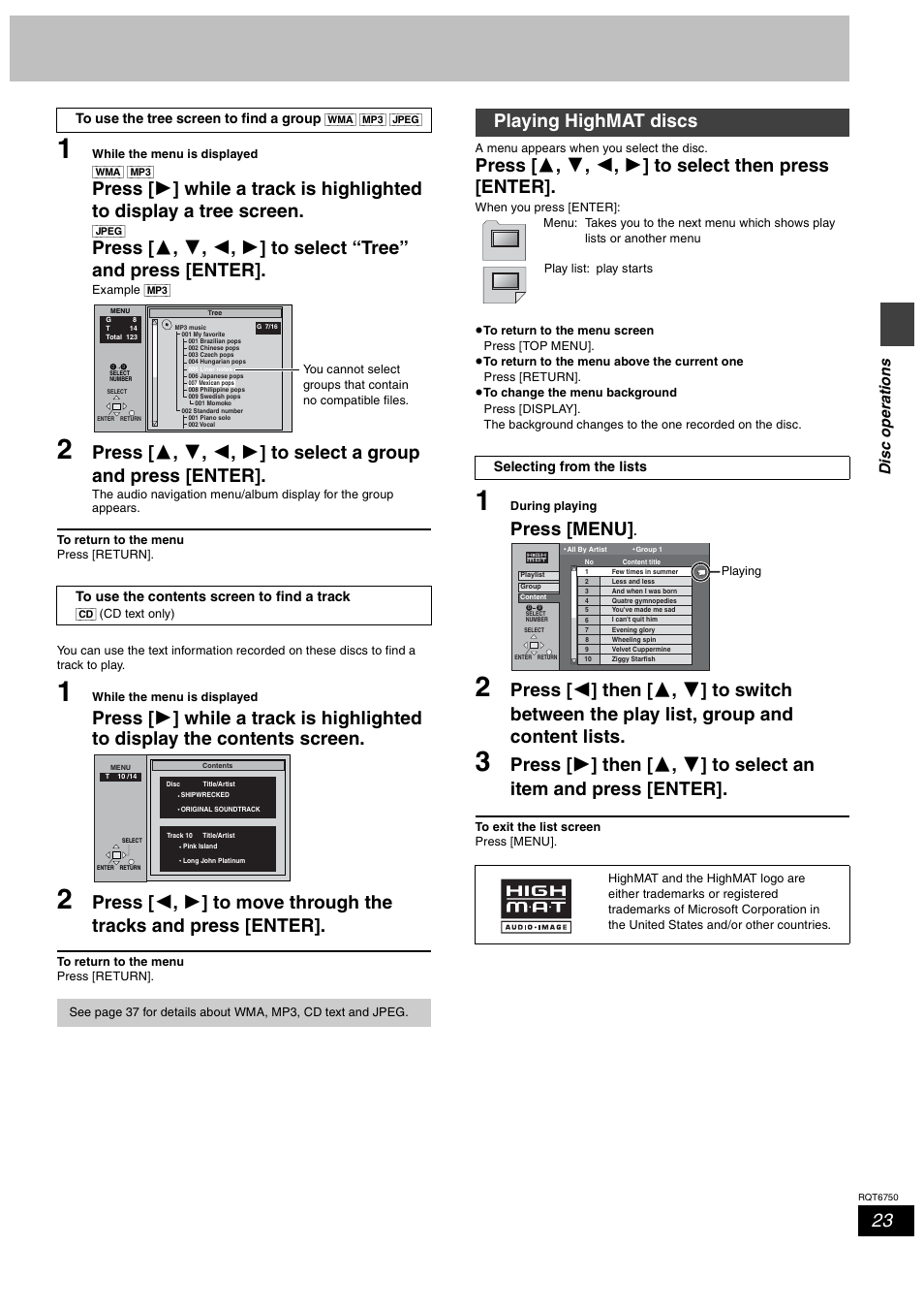 Playing highmat discs, Press [menu, Dis c ope ra tions | Panasonic SC-HT900 User Manual | Page 23 / 44