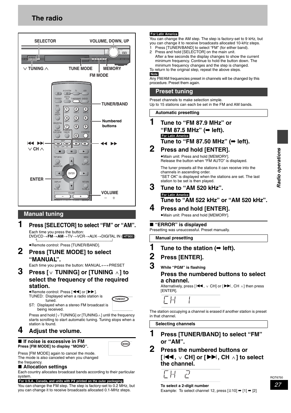 Radio operations, The radio, Manual tuning/preset tuning | Press [selector] to select “fm” or “am, Press [tune mode] to select “manual, Adjust the volume, Tune to “fm 87.50 mhz” ( ➡ left), Press and hold [enter, Tune to “am 520 khz, Tune to the station ( ➡ left) | Panasonic SC-HT900 User Manual | Page 27 / 44