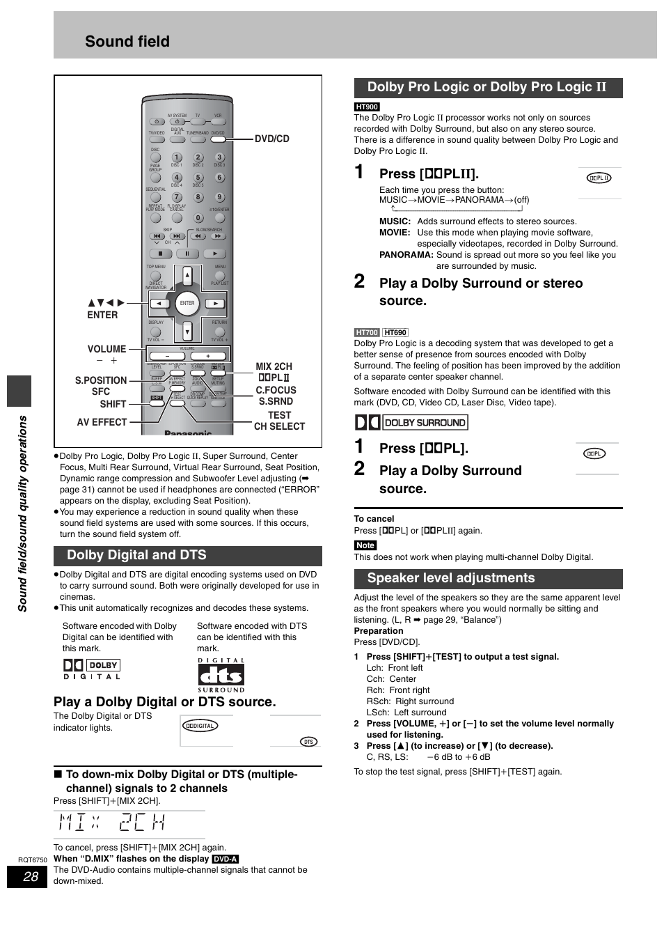 Sound field/sound quality operations, Sound field, Speaker level adjustments | Play a dolby digital or dts source, Press [ î plii, Play a dolby surround or stereo source, Press [ î pl, Play a dolby surround source, Dolby digital and dts, So und fie ld/s ound qu a lity ope ra tions | Panasonic SC-HT900 User Manual | Page 28 / 44