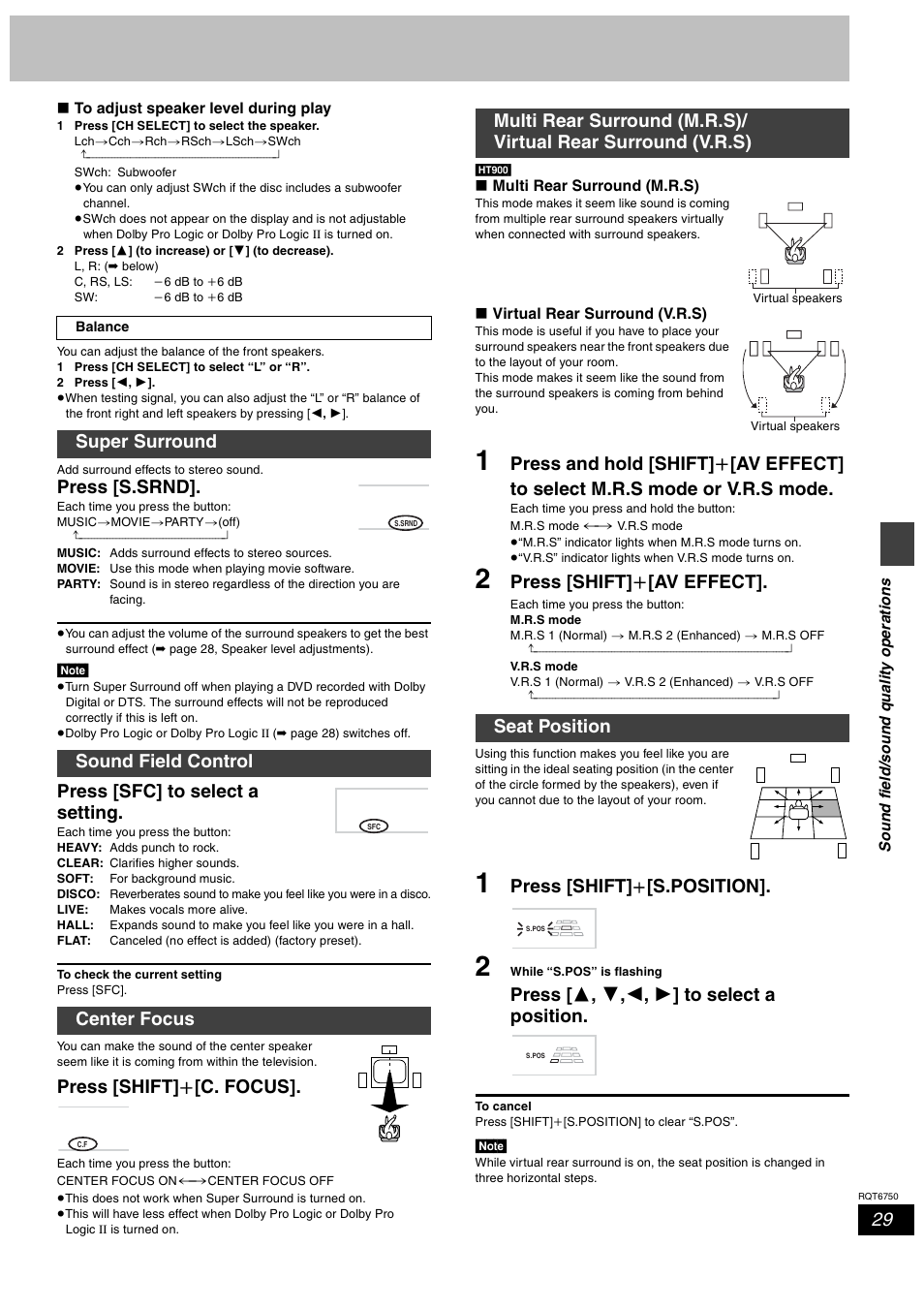 Press [s.srnd, Press [sfc] to select a setting, Press [shift] i [c. focus | Press [shift] i [av effect, Press [shift, S.position, Press [ 3 , 4 , 2 , 1 ] to select a position, Super surround sound field control center focus | Panasonic SC-HT900 User Manual | Page 29 / 44