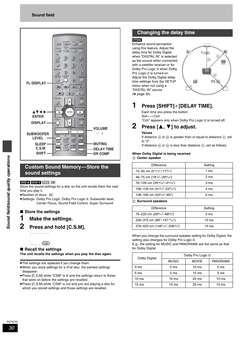 Custom sound memory—store the sound settings, Make the settings, Press and hold [c.s.m | Press [shift] i [delay time, Press [ 3 , 4 ] to adjust, Changing the delay time, So und fie ld/s ound qu a lity ope ra tions, Sound field, Store the settings, Recall the settings | Panasonic SC-HT900 User Manual | Page 30 / 44