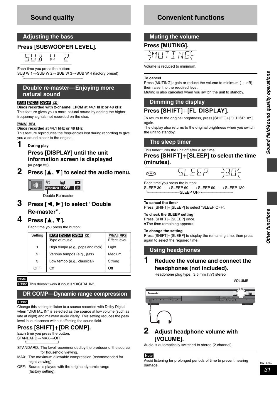 Sound quality, Other functions, Convenient functions | Dimming the display, Using headphones, Press [subwoofer level, Press [ 3 , 4 ] to select the audio menu, Press [ 2 , 1 ] to select “double re-master, Press [ 3 , 4, Press [shift] i [dr comp | Panasonic SC-HT900 User Manual | Page 31 / 44