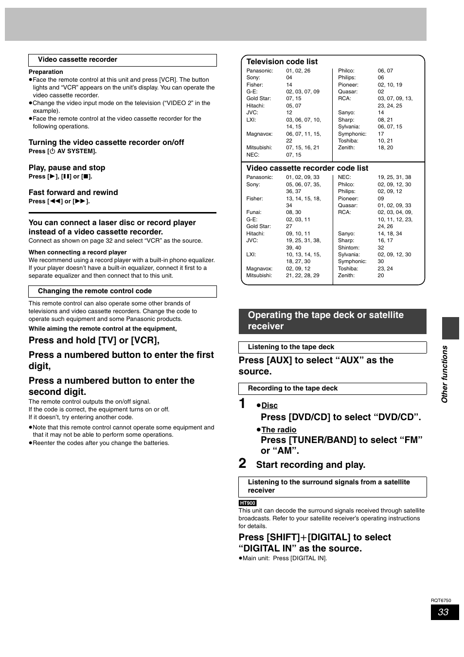 Press [aux] to select “aux” as the source, Press [dvd/cd] to select “dvd/cd, Press [tuner/band] to select “fm” or “am | Start recording and play, Operating the tape deck or satellite receiver | Panasonic SC-HT900 User Manual | Page 33 / 44