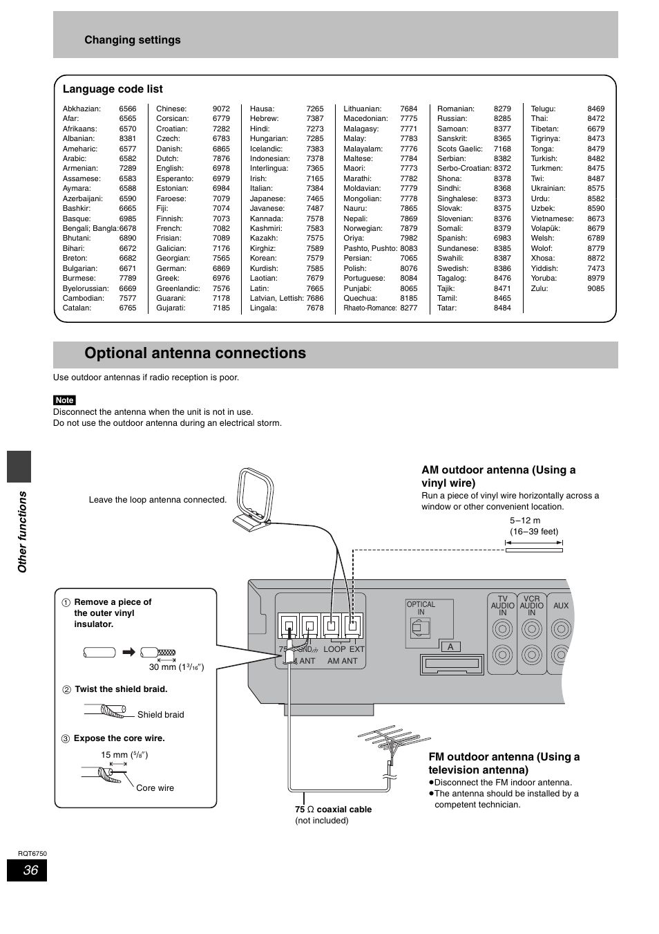 Optional antenna connections, Othe r f unc ti ons, Changing settings | Language code list, Am outdoor antenna (using a vinyl wire), Fm outdoor antenna (using a television antenna) | Panasonic SC-HT900 User Manual | Page 36 / 44