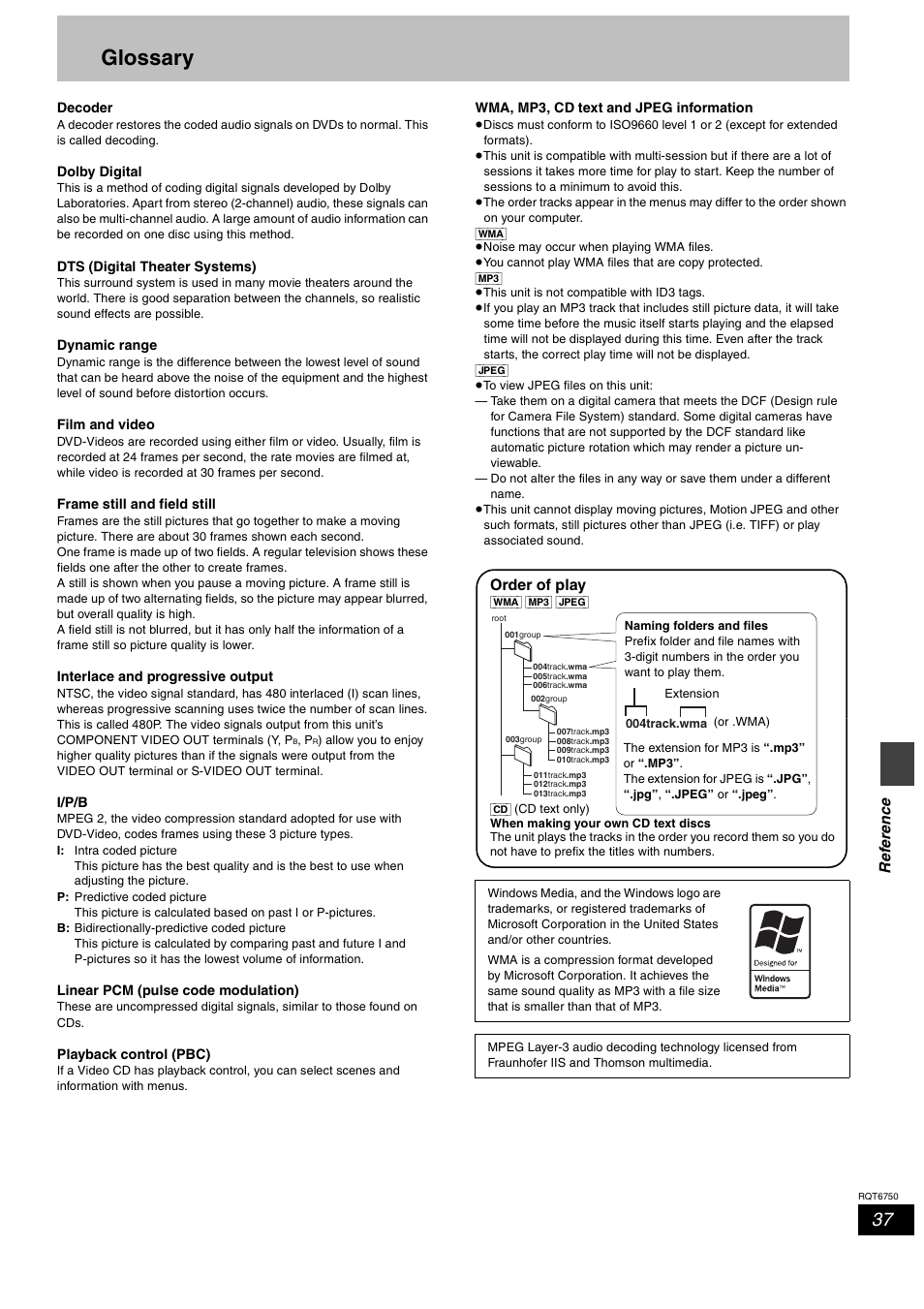Reference, Glossary, Re fe renc e | Panasonic SC-HT900 User Manual | Page 37 / 44