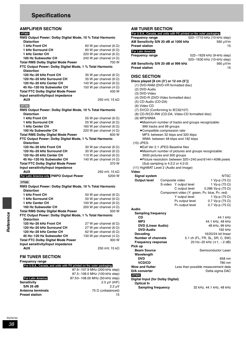 Specifications, Re fe renc e | Panasonic SC-HT900 User Manual | Page 38 / 44