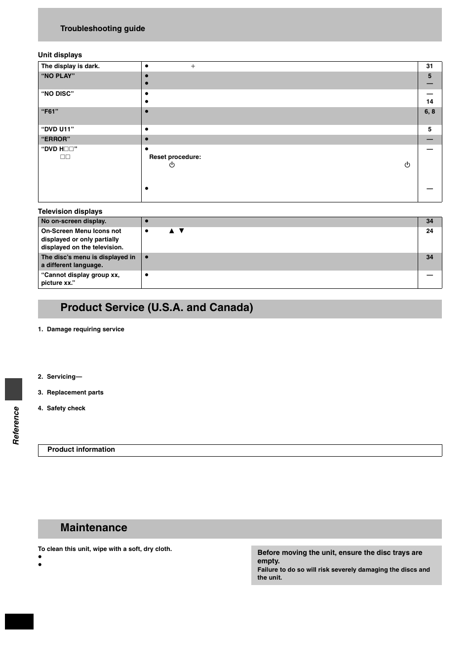 Product service (u.s.a. and canada), Maintenance, Re fe renc e | Panasonic SC-HT900 User Manual | Page 42 / 44