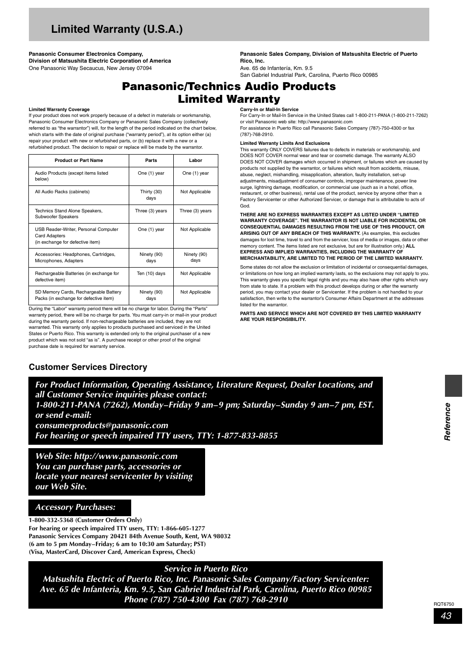 Limited warranty (u.s.a.), Panasonic/technics audio products limited warranty, Customer services directory | Re fe renc e | Panasonic SC-HT900 User Manual | Page 43 / 44