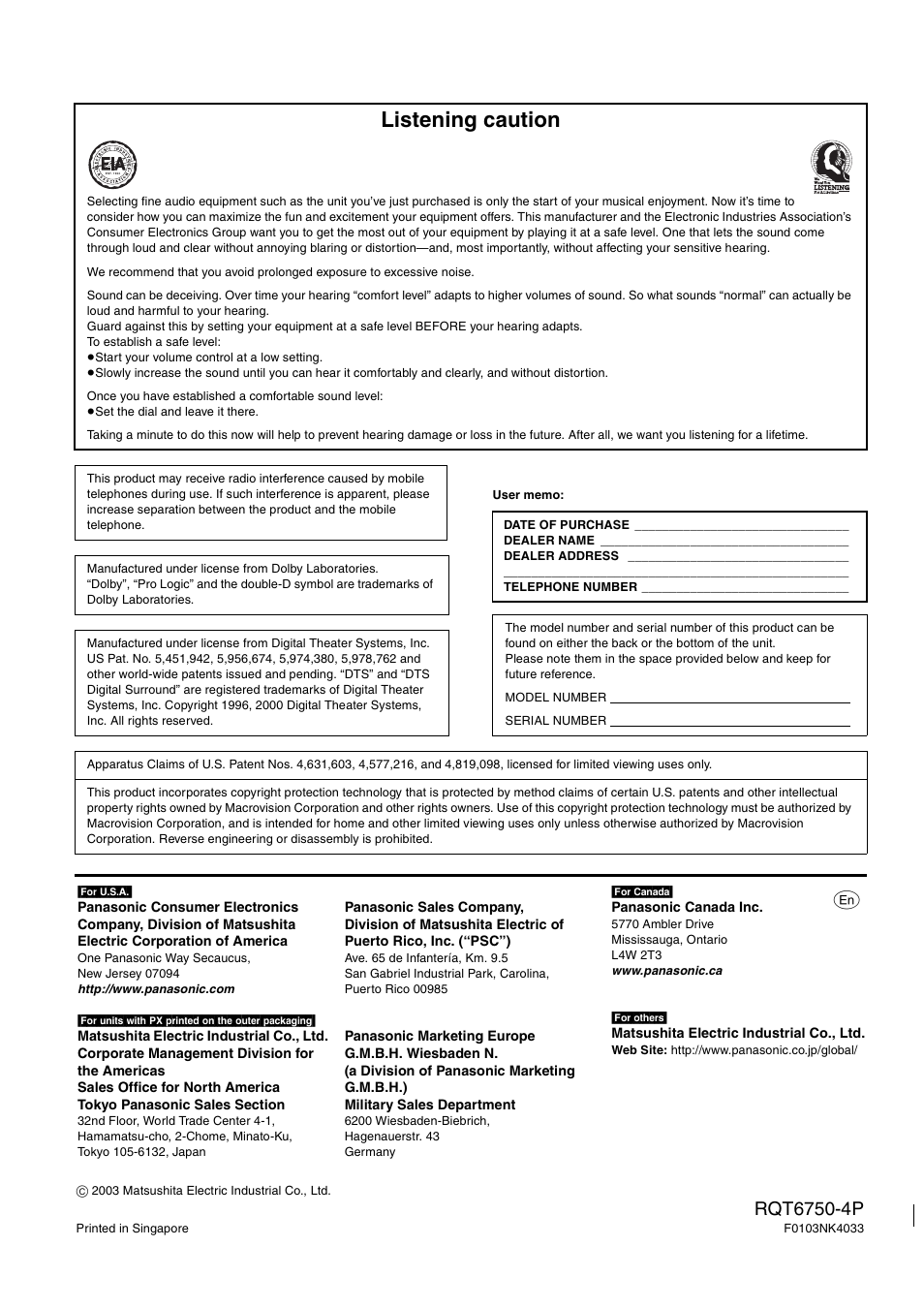 Listening caution | Panasonic SC-HT900 User Manual | Page 44 / 44
