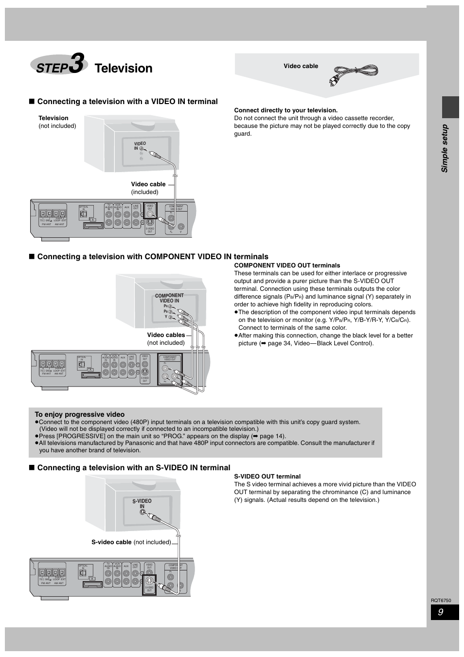Step 3 television, Step, Television | Simple set up, Connecting a television with a video in terminal, Y/b-y/r-y, y/c, Video cable, Television (not included) video cable (included), Video cables (not included), S-video cable (not included) | Panasonic SC-HT900 User Manual | Page 9 / 44